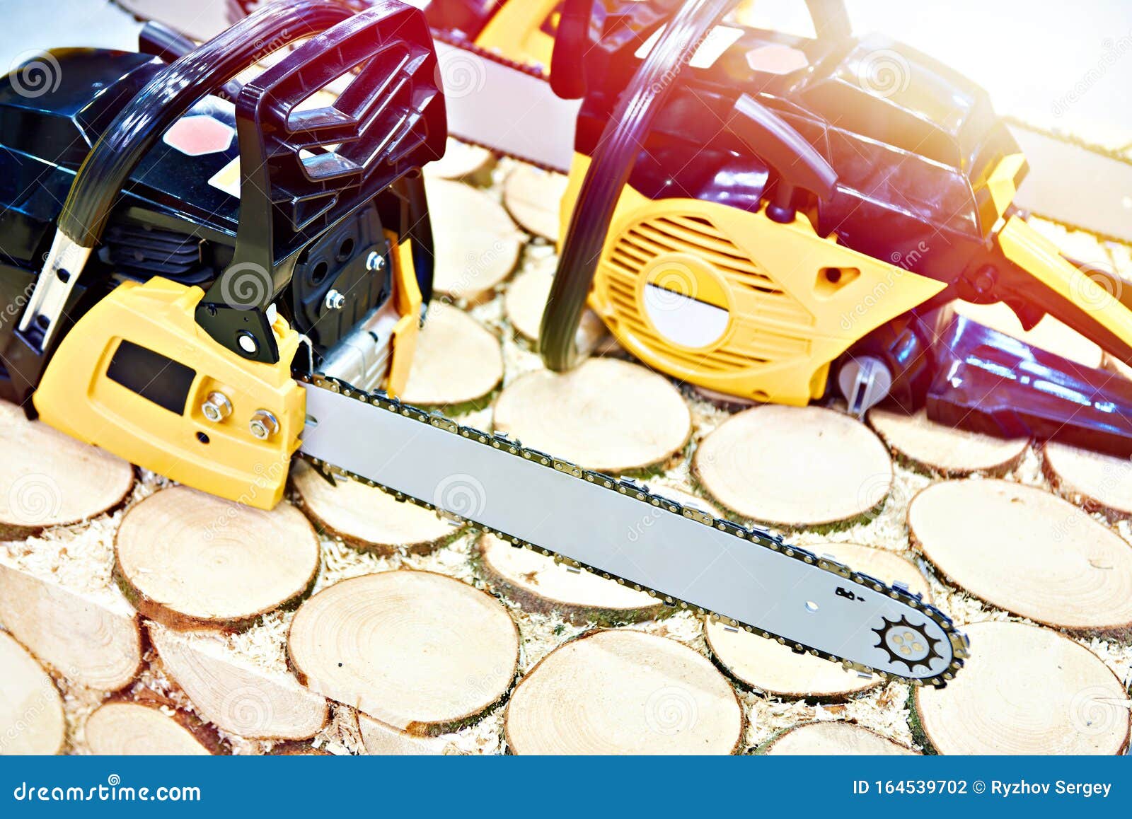 Chainsaws on wood in store stock photo. Image of shelf 164539702