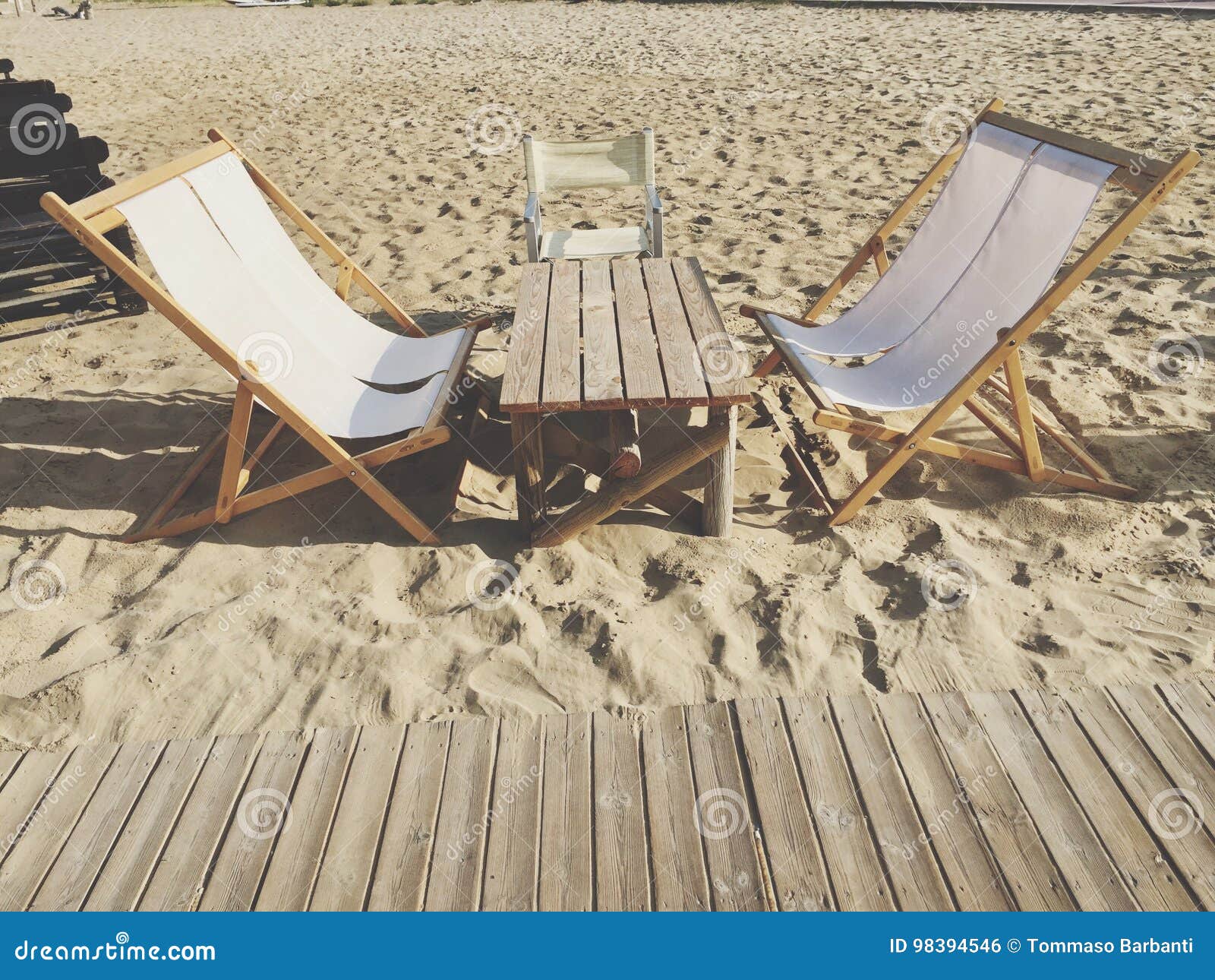 Chair, Deck Chair and Table on the Sand Stock Photo Image of fashion
