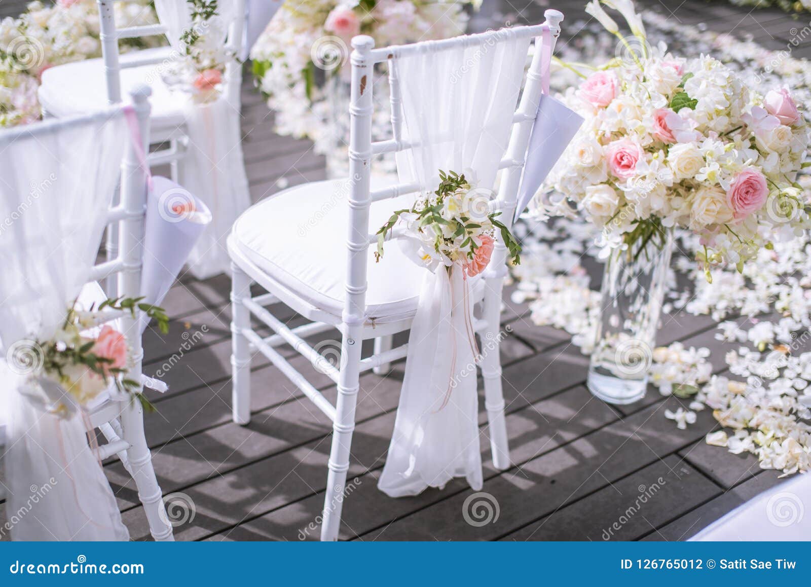 Chair Decorated with Flowers in Wedding. Stock Photo Image of garden