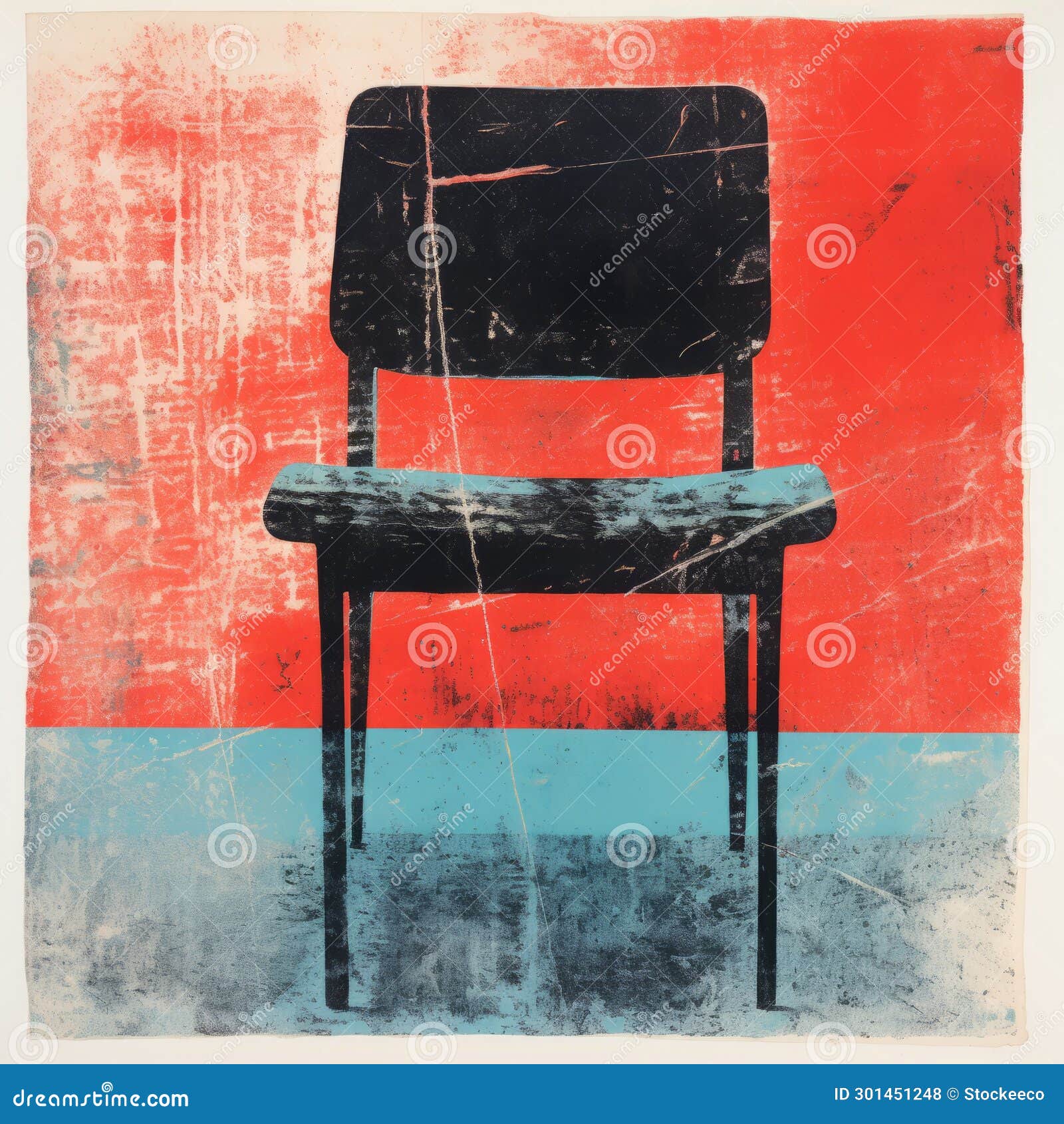 chair print with blue and red background - burnedcharred style