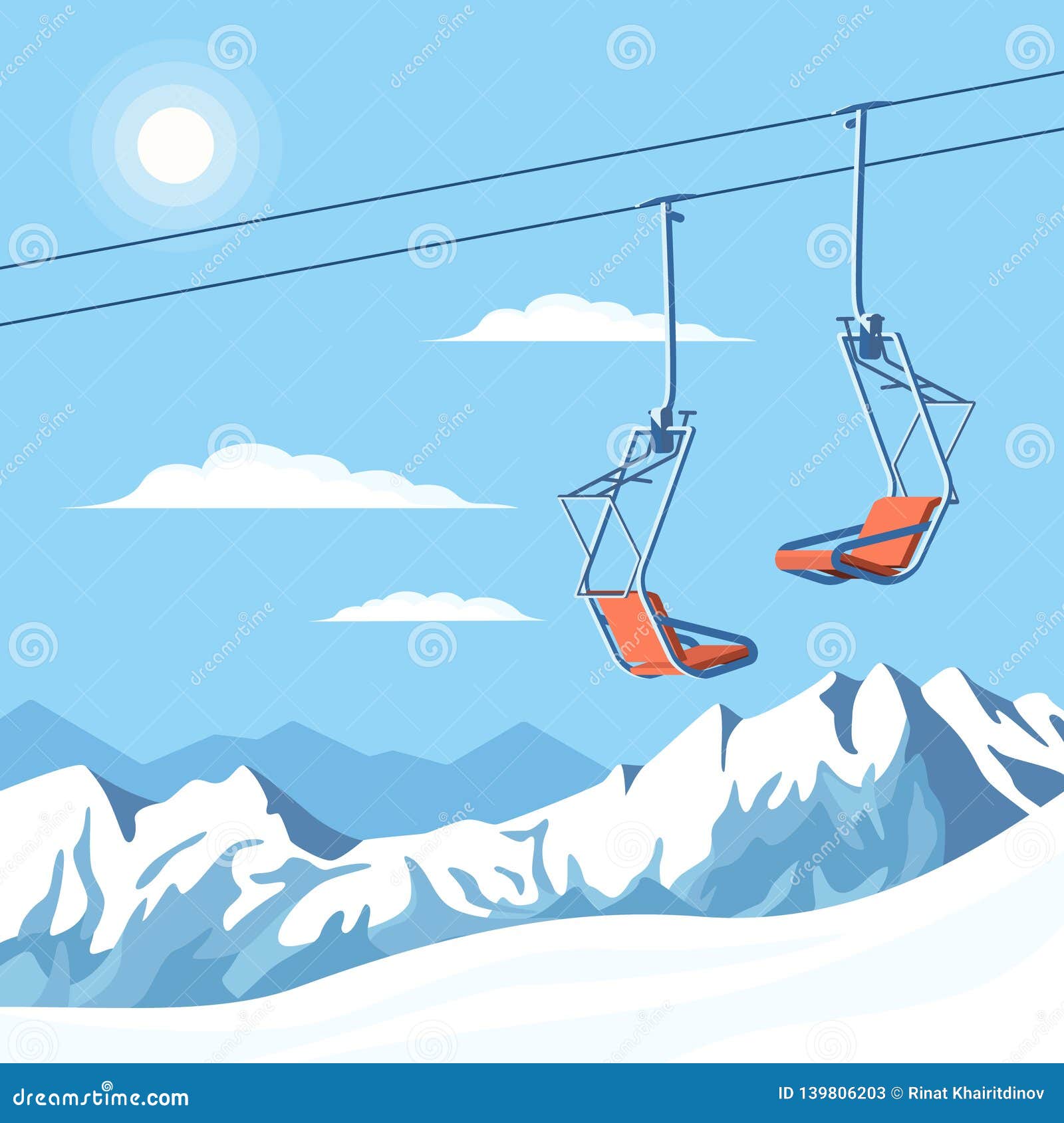 chair ski lift for mountain skiers and snowboarders moves in the air on a rope on the background of winter snow capped mountains