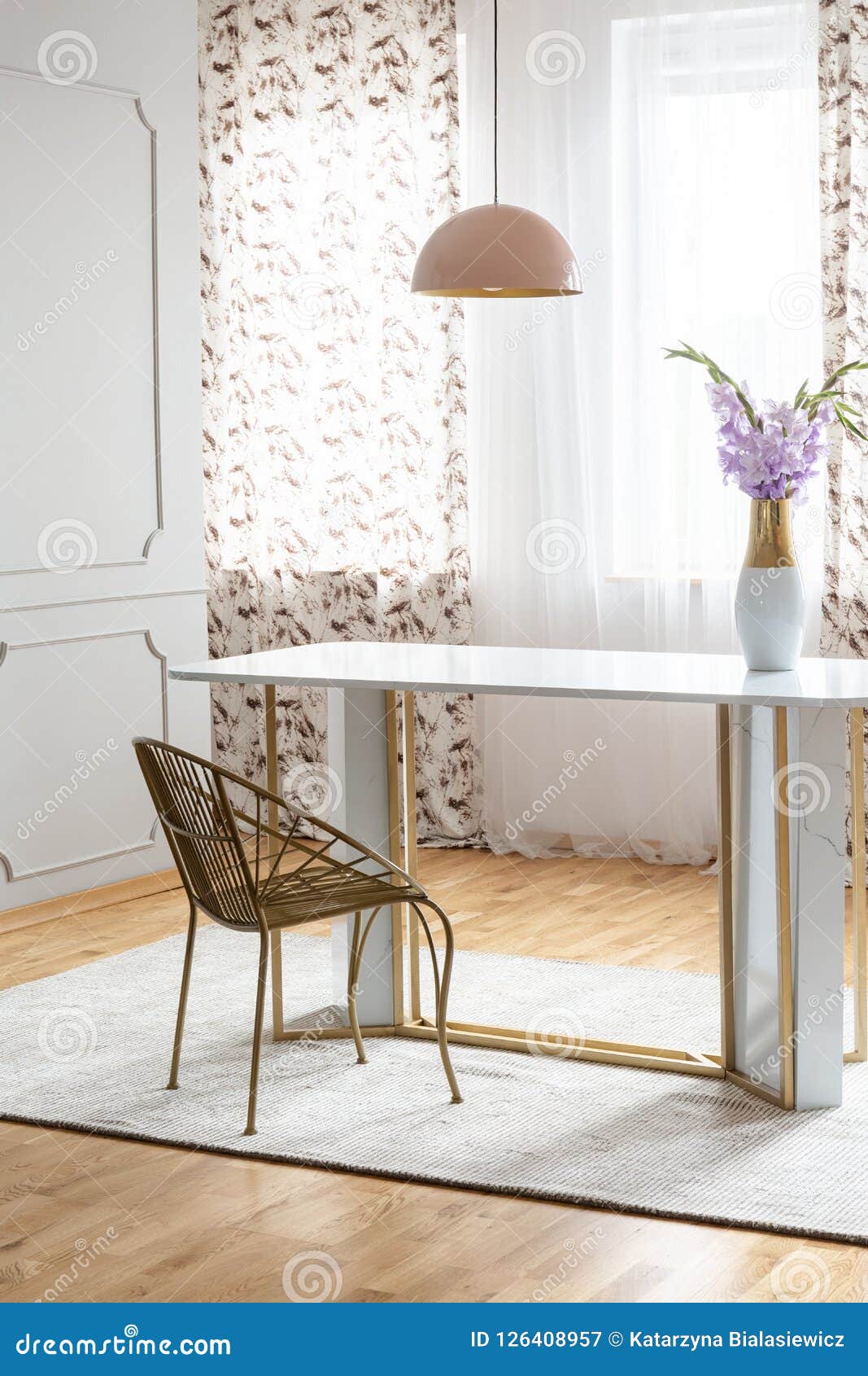 Chair At Table With Flowers In Elegant Living Room 