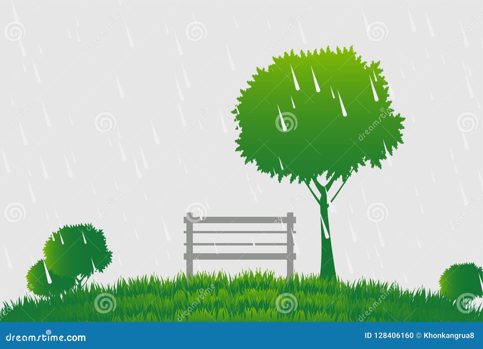 Chair and Tree a the Rain on Green Background Stock Vector