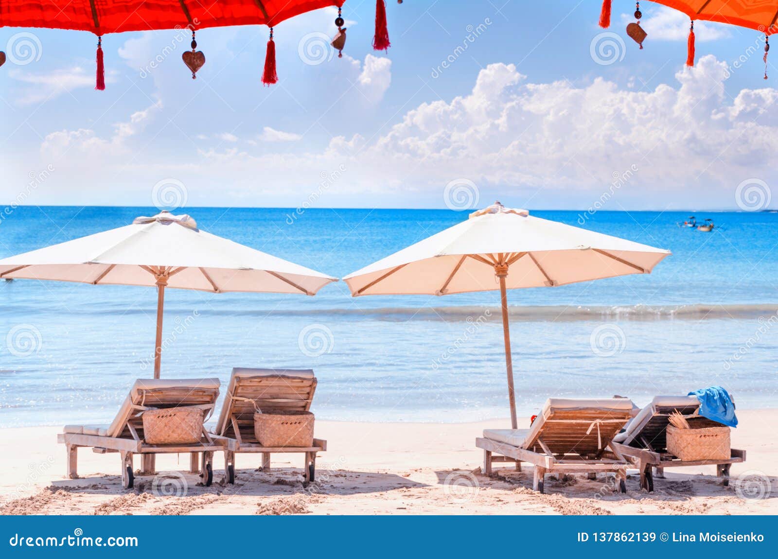 Chairs at Beach. Sun Lounger and Umbrella at Bali Shore Stock Image - Image  of banner, landscape: 137862139