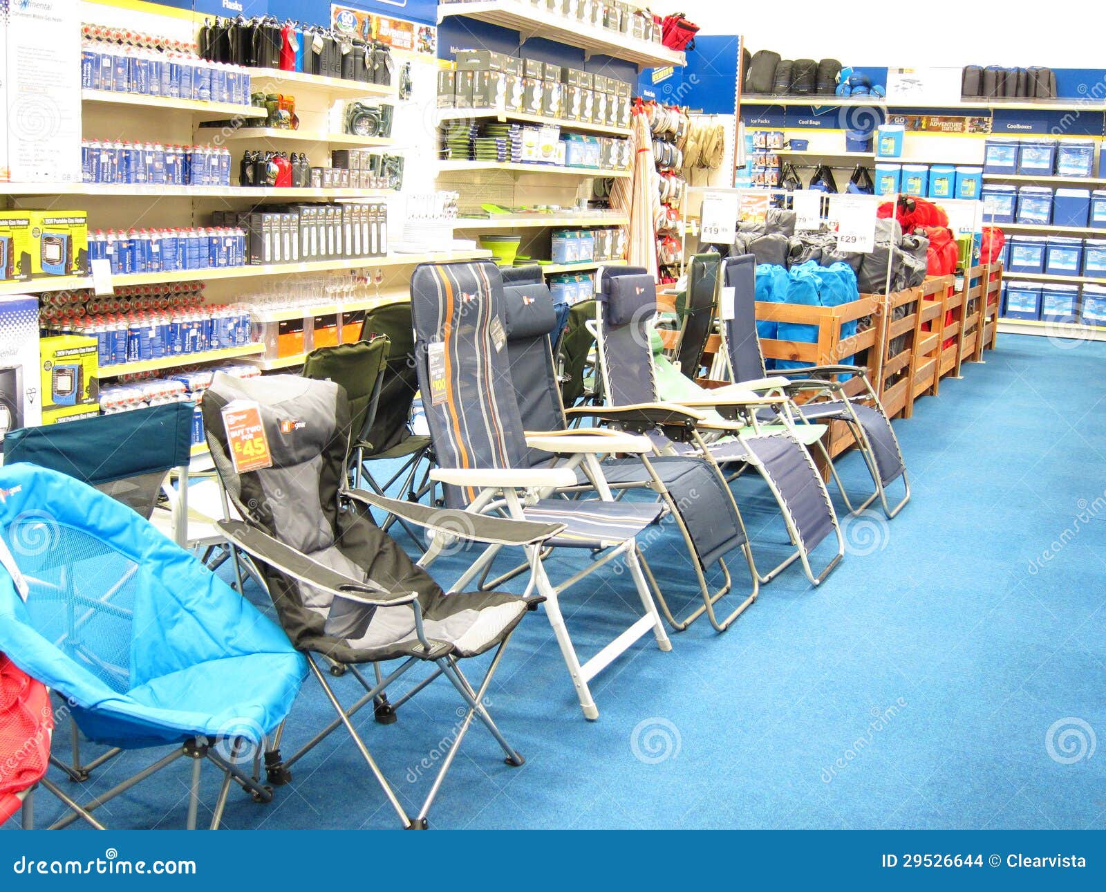 Chairs in a camping store. editorial stock image. Image of outside