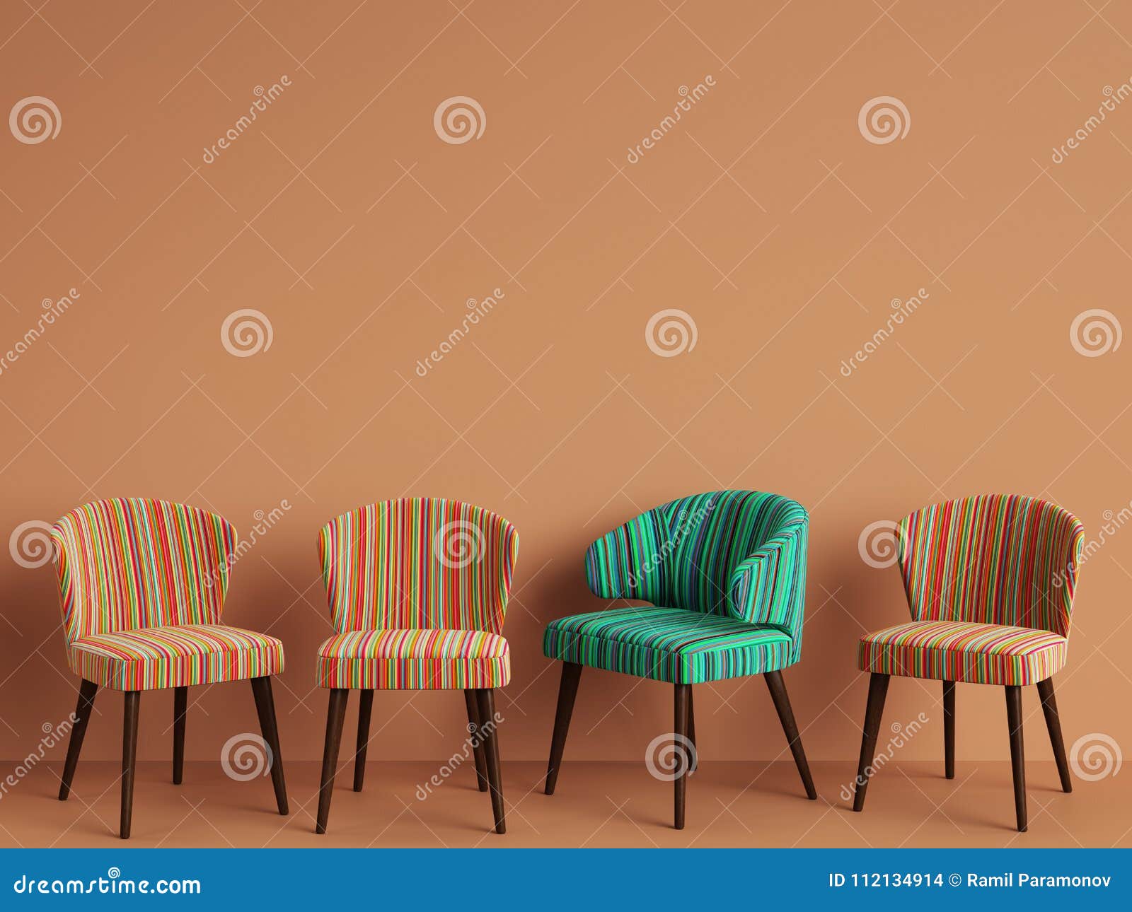 chairs with colorful stripes pattern on orange backgrond with copy space.