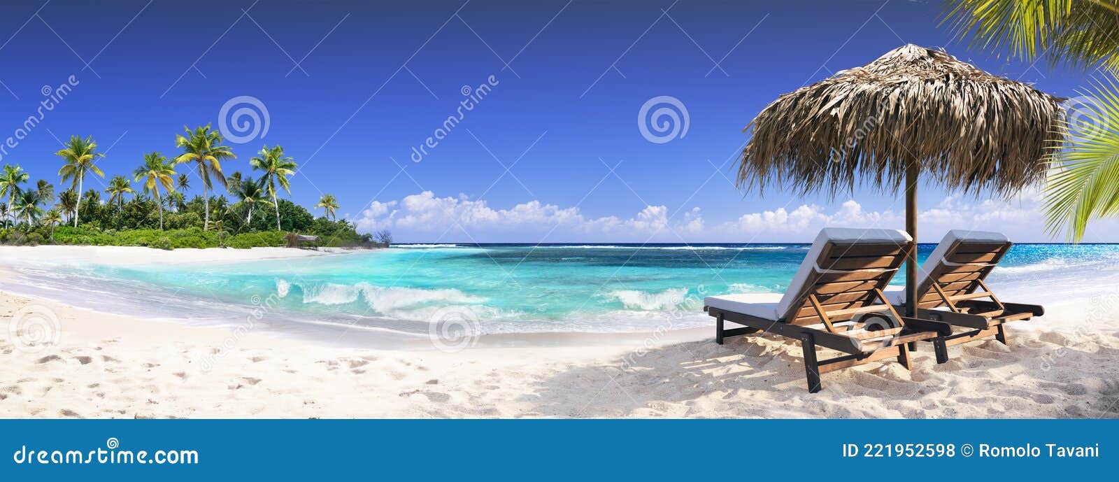 chairs in tropical beach with palm trees