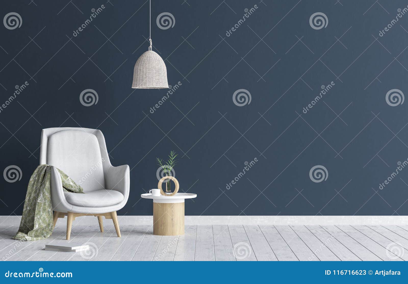 Chaise avec la lampe et la table basse dans le salon intérieur, moquerie bleu-foncé de mur vers le haut de fond