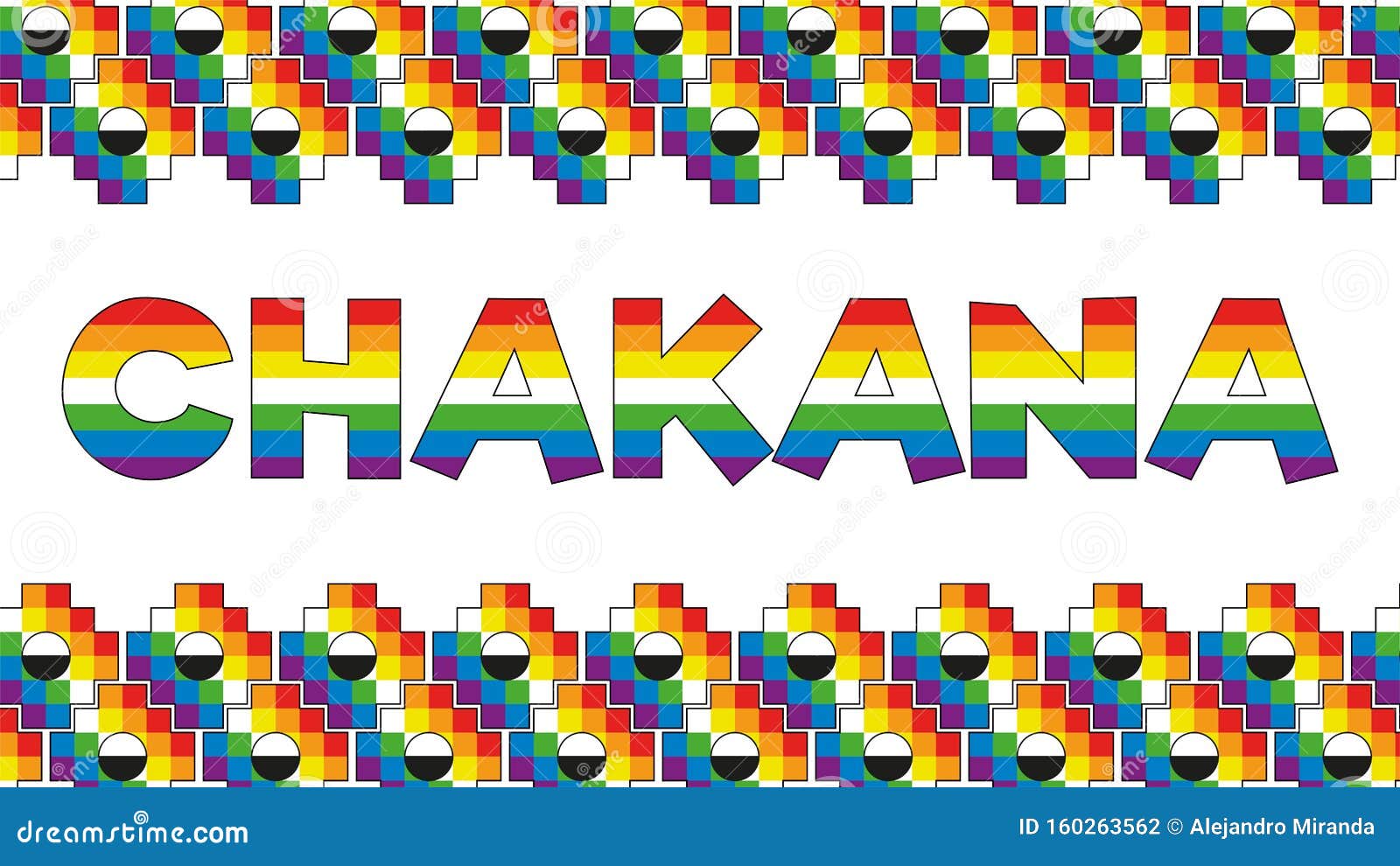 chakana word painted with rainbow colors adorned with chakanas, andean square cross on white background.  image