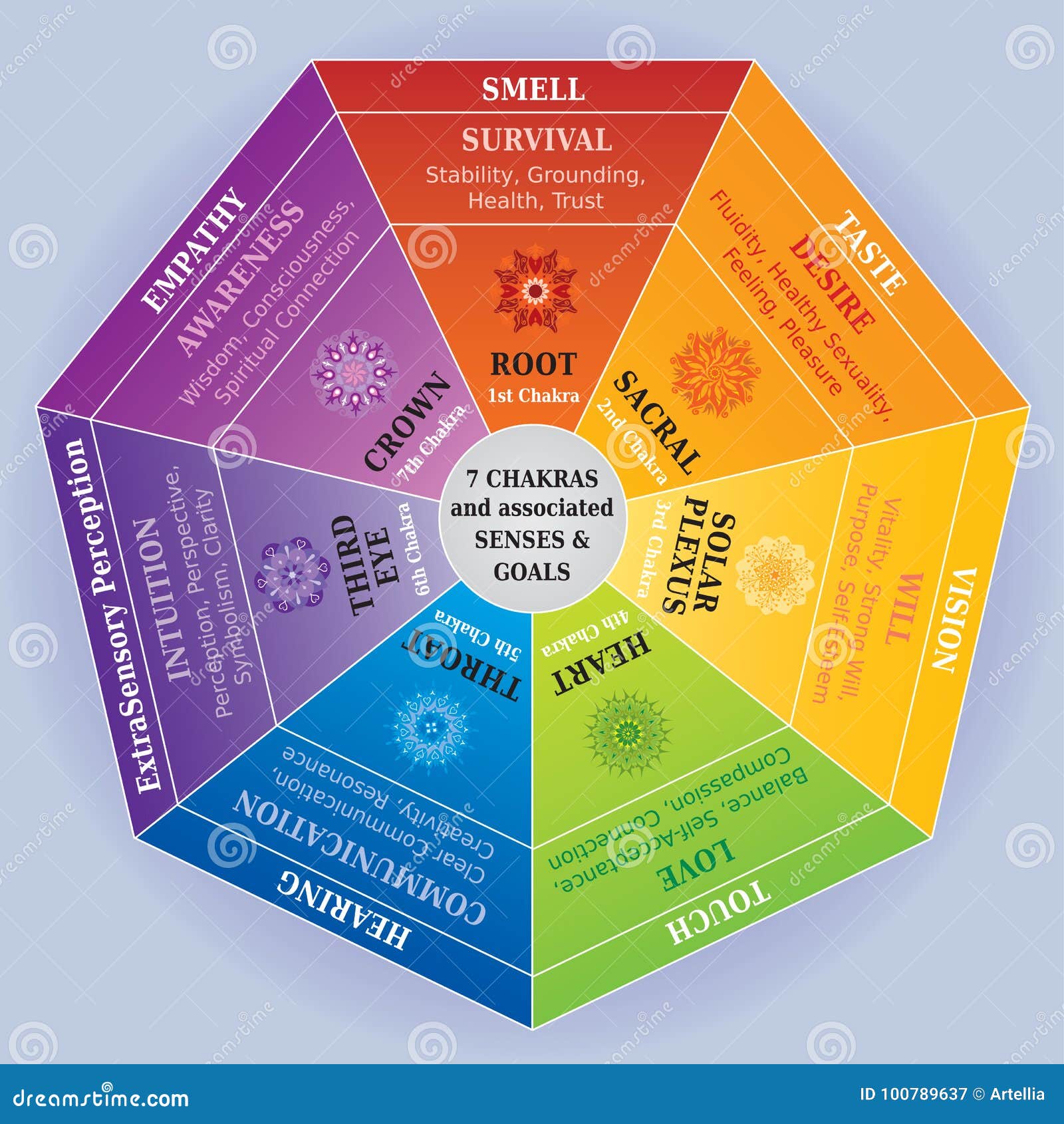 7 Chakras Color Chart With Mandalas Senses And Associated Meanings Stock Vector Illustration Of Balance Global