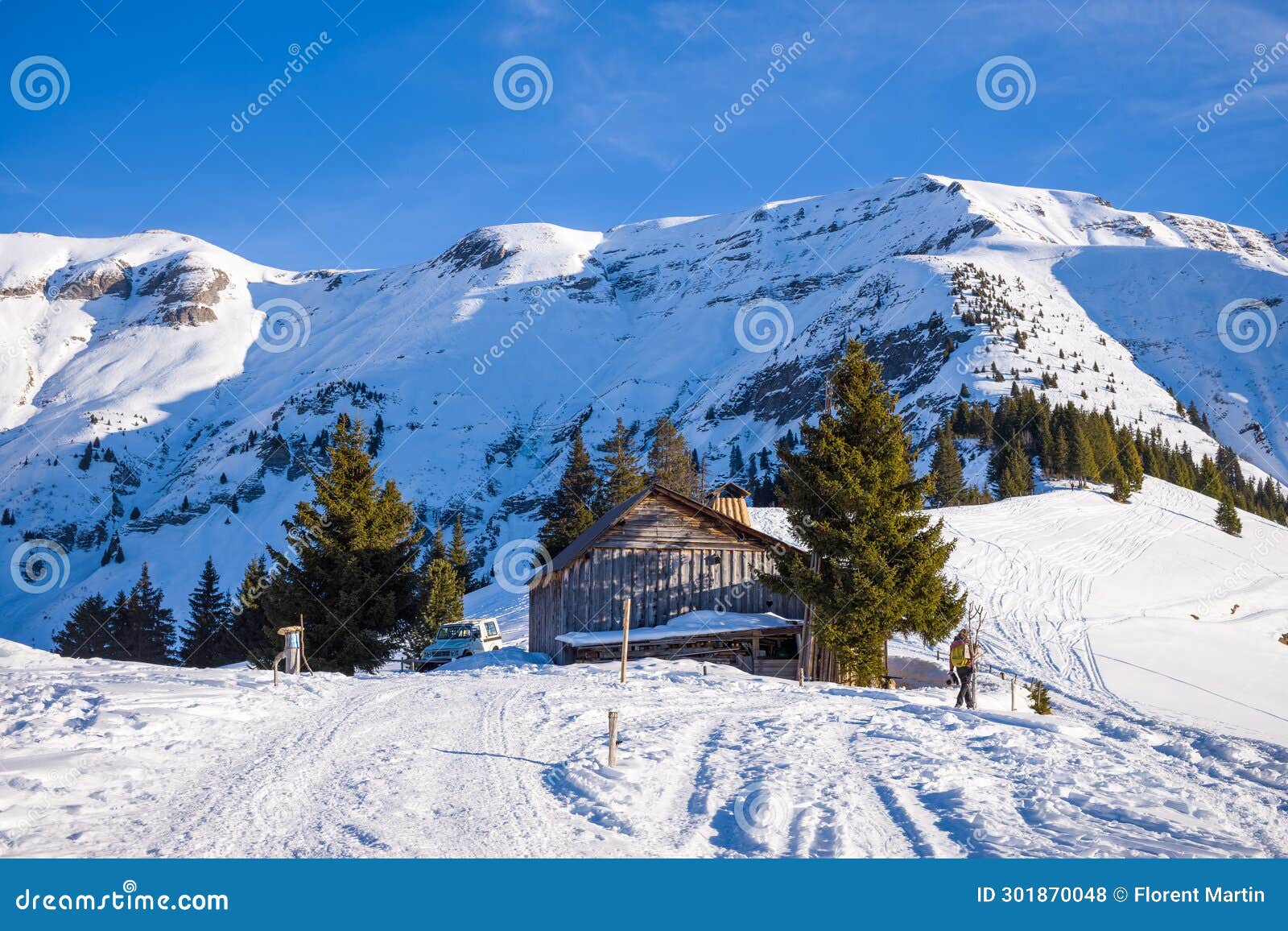 the chalets in the mont blanc massif between mont joly and aiguille croche in europe, france, rhone alpes, savoie, alps, in winter