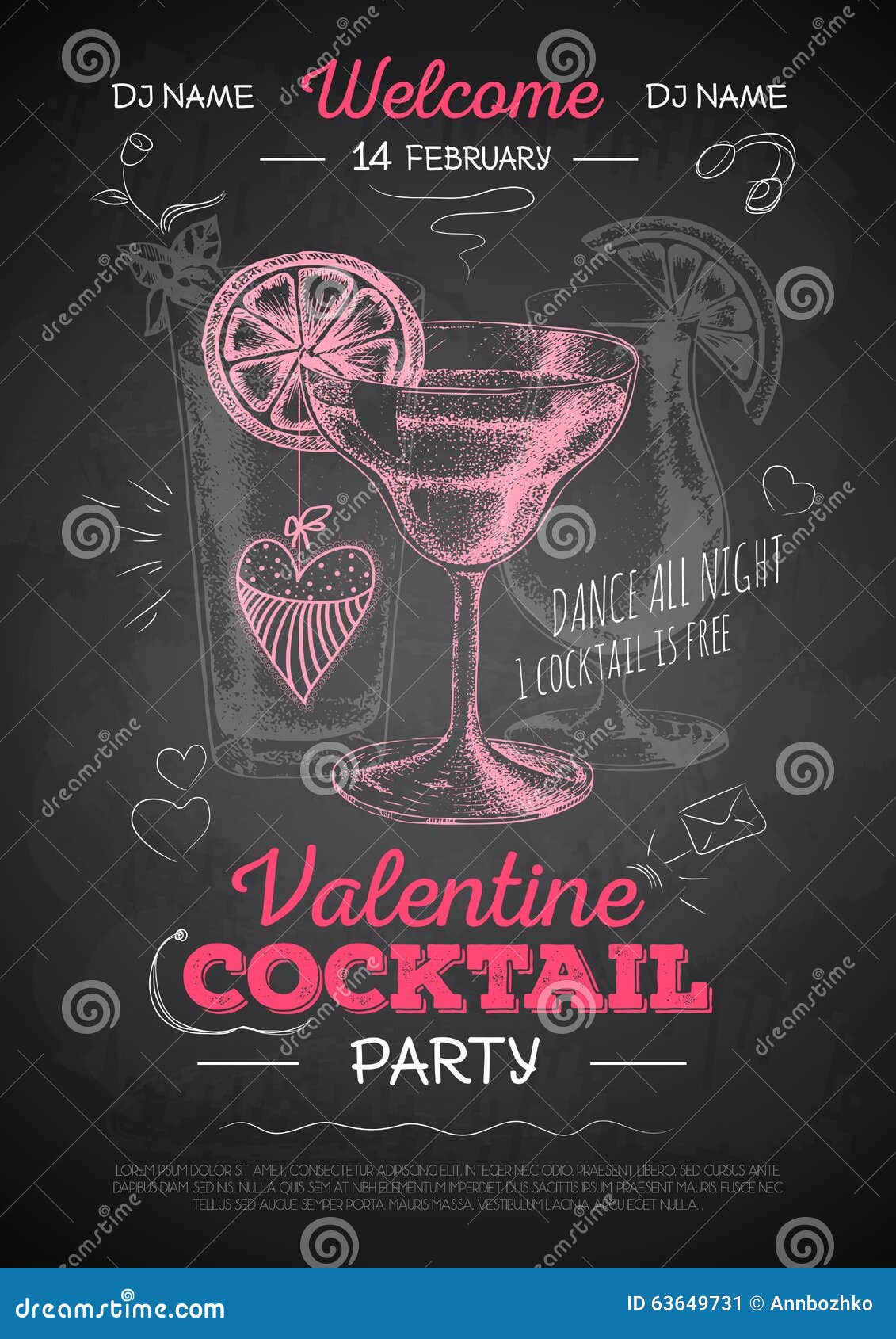 Chalk Drawing Cocktail Valentine Party Poster Stock Vector