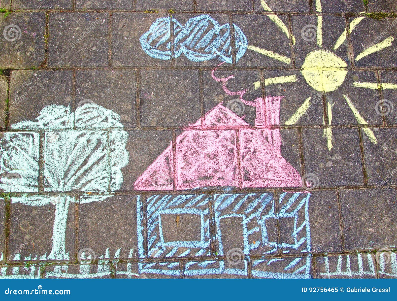 Chalk Drawing of a House on Pavement Stock Image Image of blue