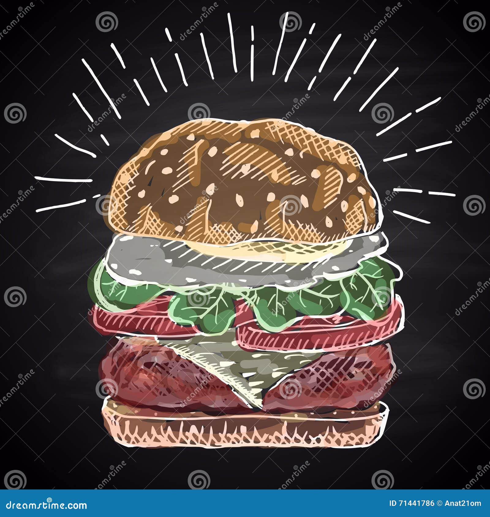 Chalk Drawn Colored Illustration of Burger. Stock Vector Illustration