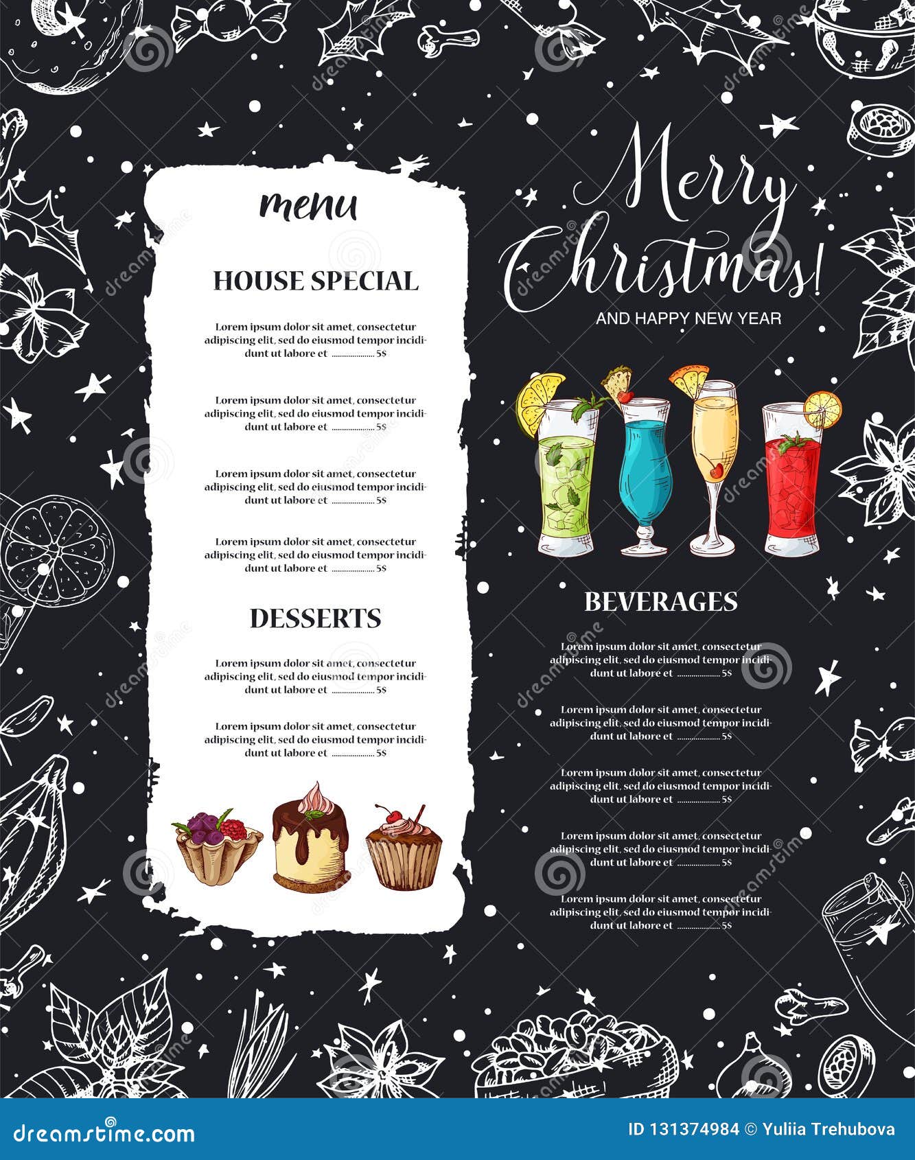 Chalk Drawning Christmas Menu Design. Winter Design Template For Cafe, Restaurant. Food, Beverages And Holiday Elements Stock Vector - Illustration Of Beverages, Cocktail: 131374984