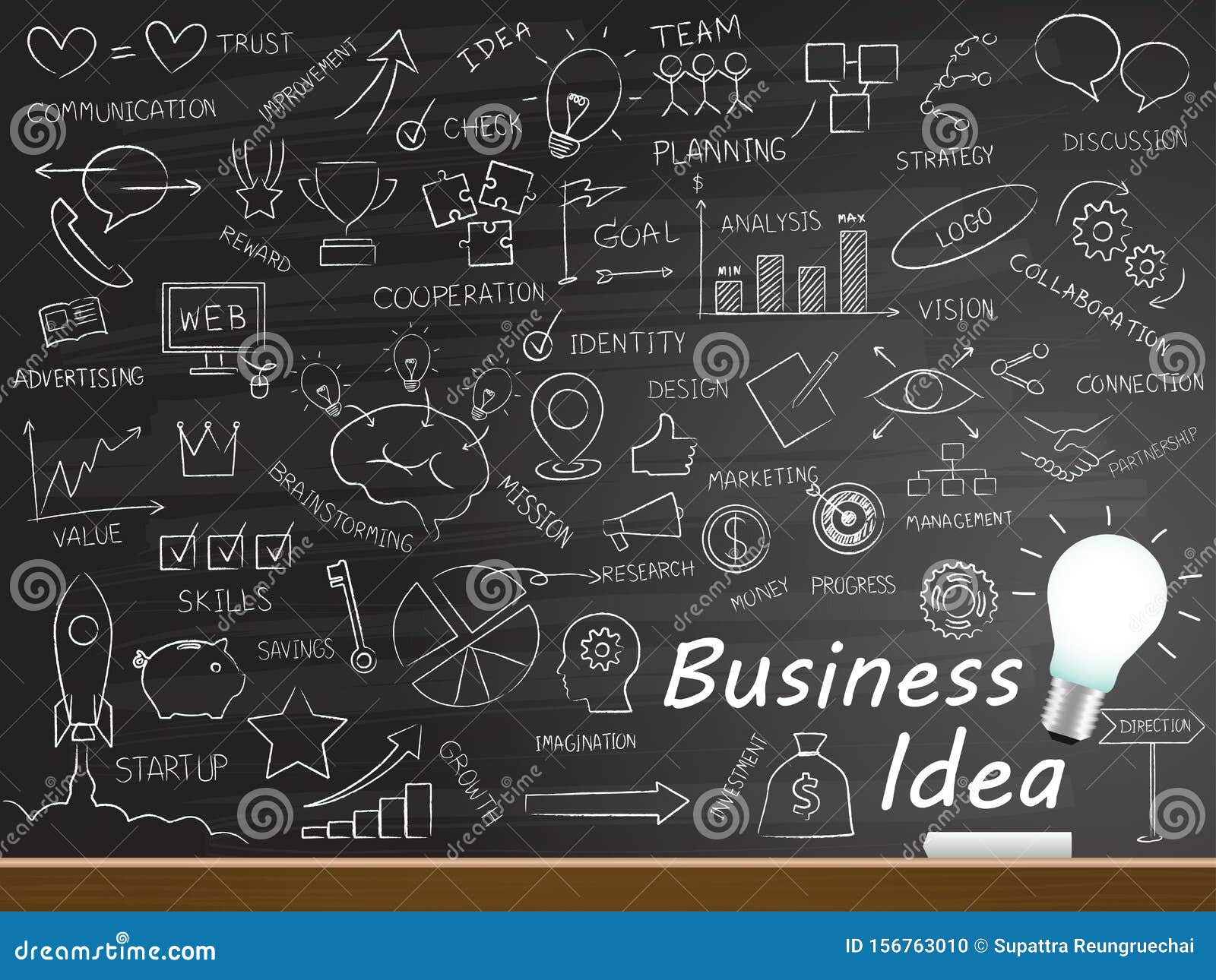 Chalk Hand Drawing with Business Idea Word and Icon. Stock Vector Illustration of concept