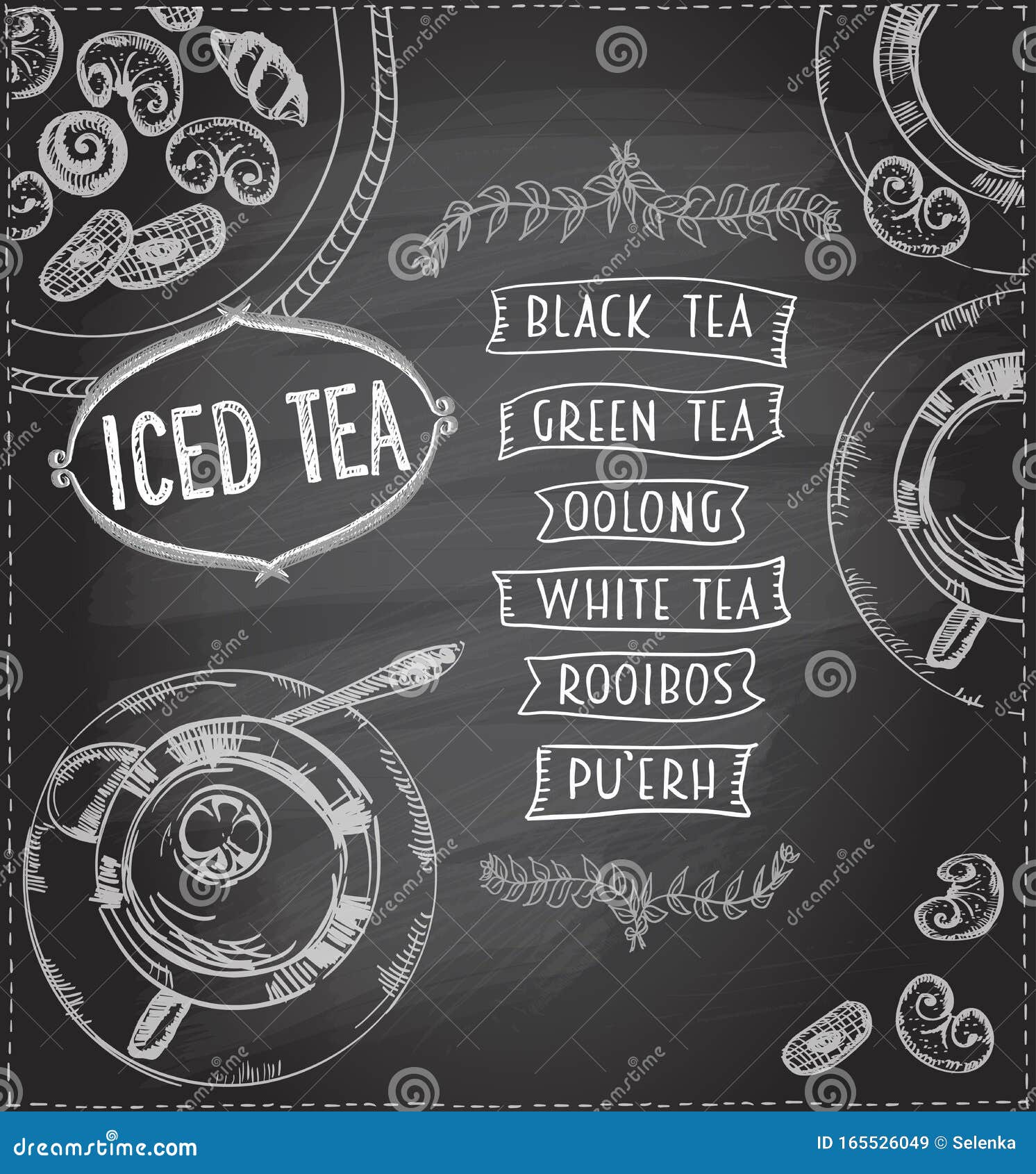 Chalk Iced Tea Menu Design Concept on a Chalkboad, Art Hand Drawn Illustration with Tea Cups and