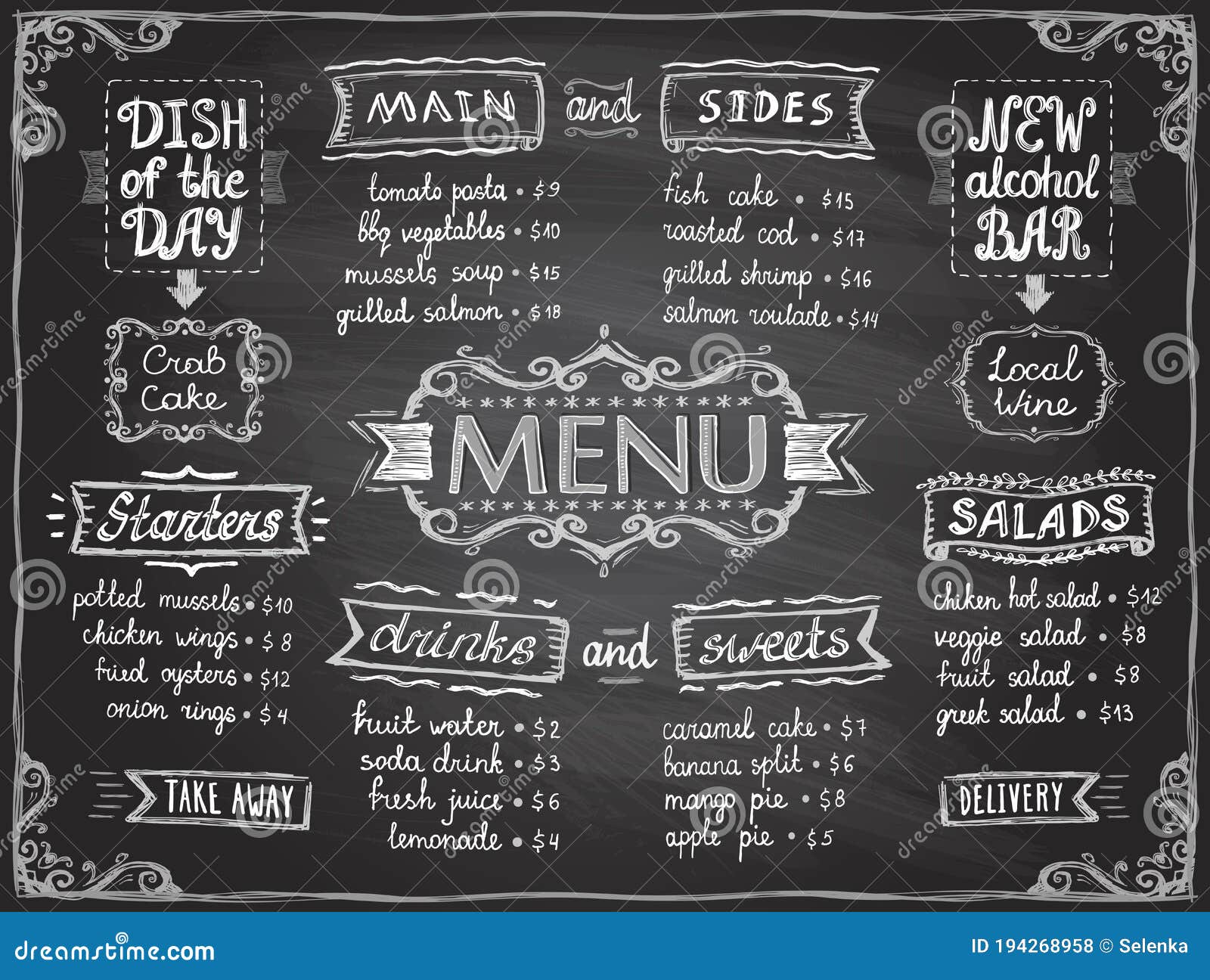 Chalk Menu List Blackboard Design for Cafe or Restaurant Stock Vector -  Illustration of alcohol, fast: 194268958