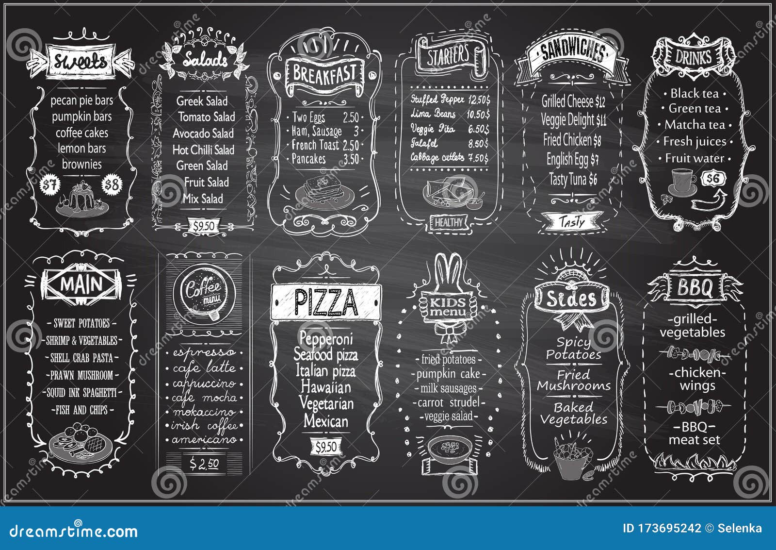 chalk menu set on a blackboard - sweets, salads, breakfast, starters, sandwiches, etc