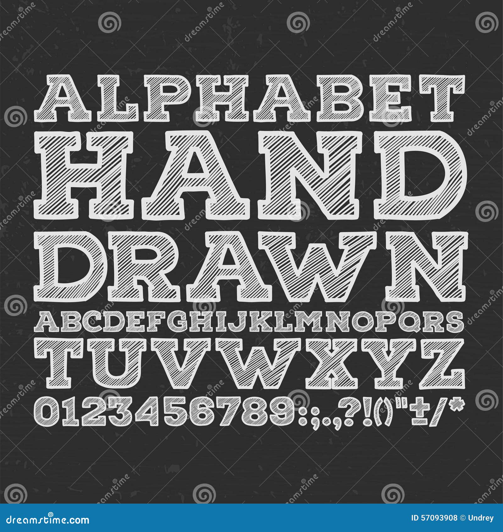 chalk sketched striped alphabet abc vector font type letters numbers characters punctuation marks 57093908
