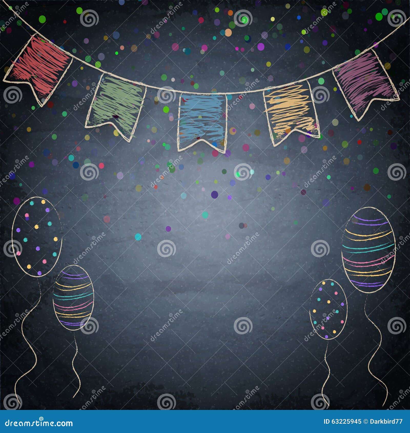 Chalkboard Background with Drawing Bunting Flags and Balloons Stock