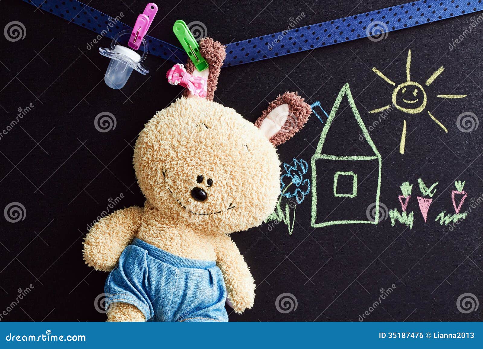 Chalkboard with Drawing and Soft Toy Stock Photo Image of childhood