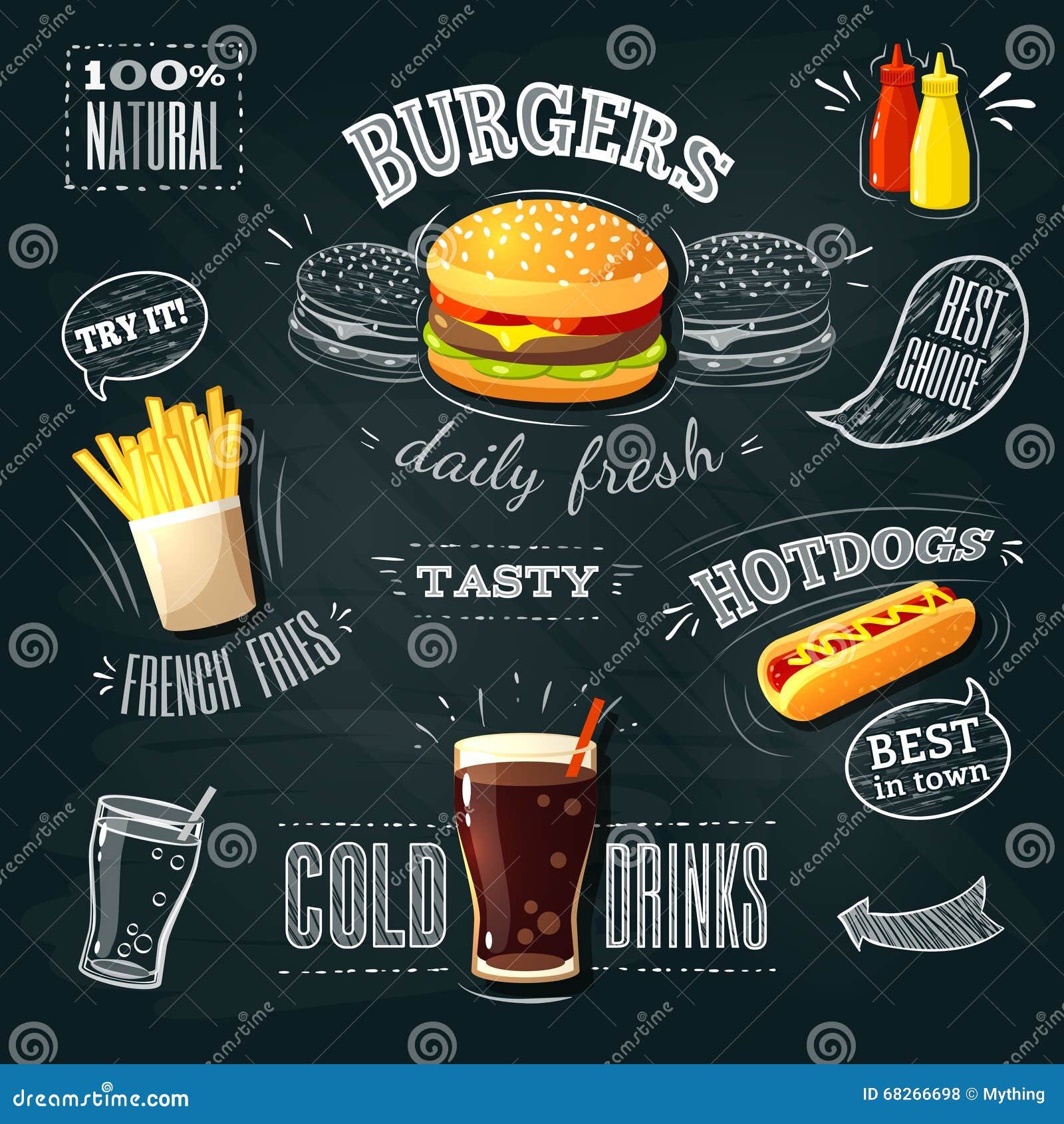 chalkboard fastfood ads - hamburger, french fries and hotdog.