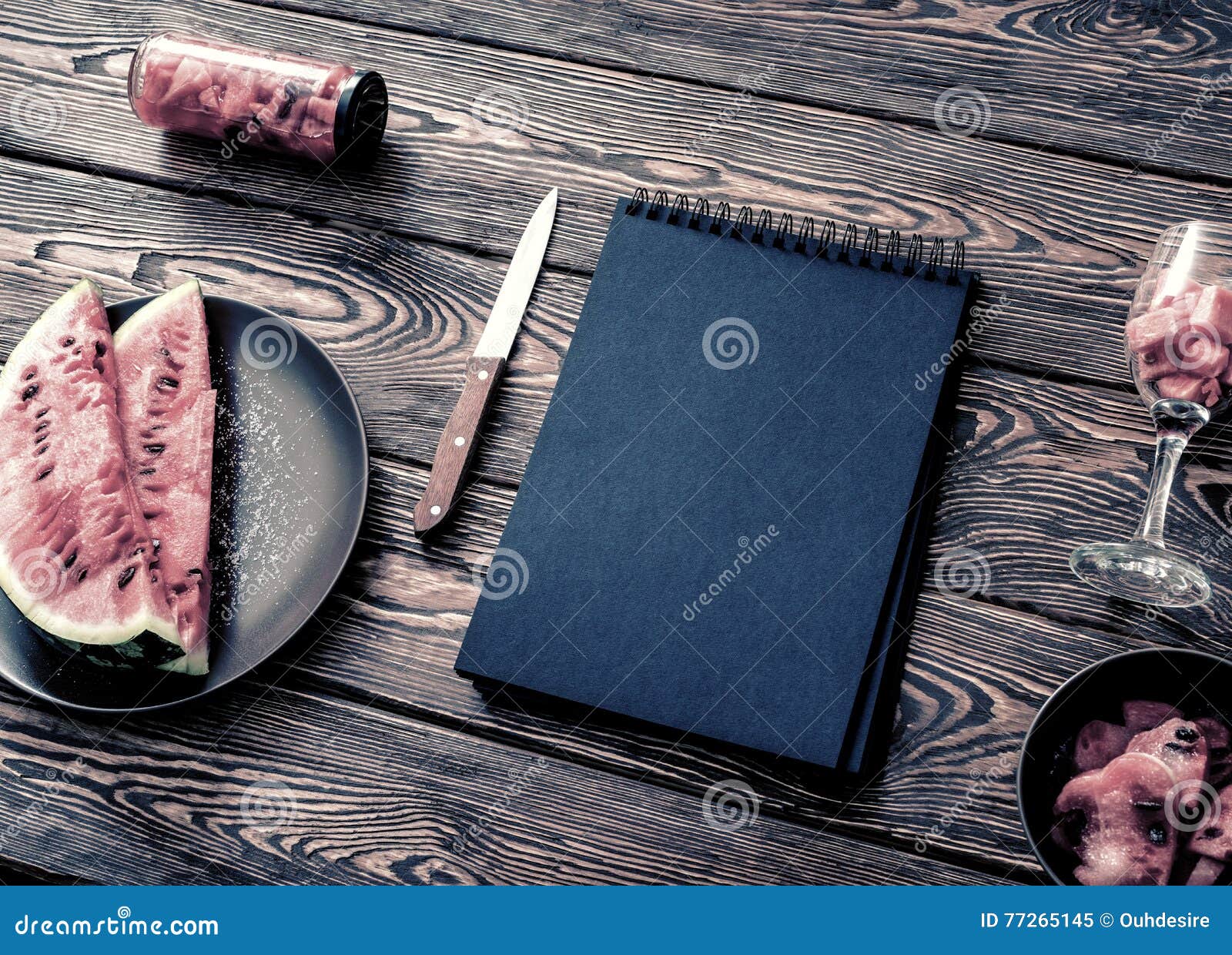 Download Chalkboard Mockup On Desk With Watermelon. Top View. Stock ...