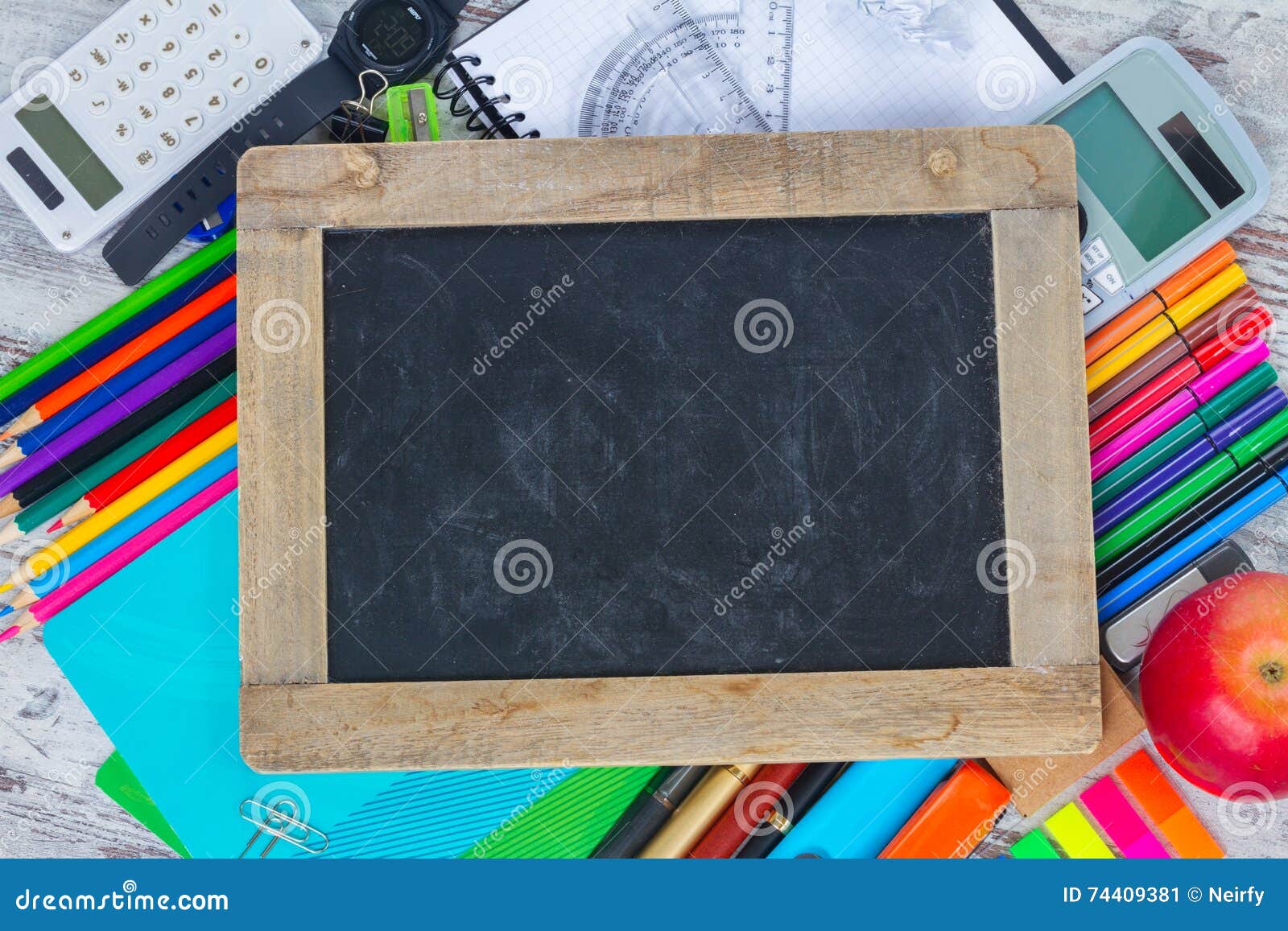 Chalkboard and School Supplies Stock Image Image of stationery, fruit