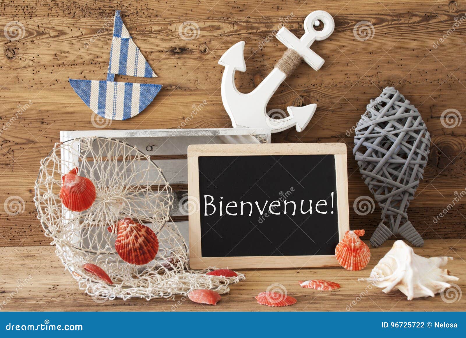Chalkboard with Summer Decoration, Bienvenue Means Welcome Stock Photo -  Image of home, nautical: 96725722