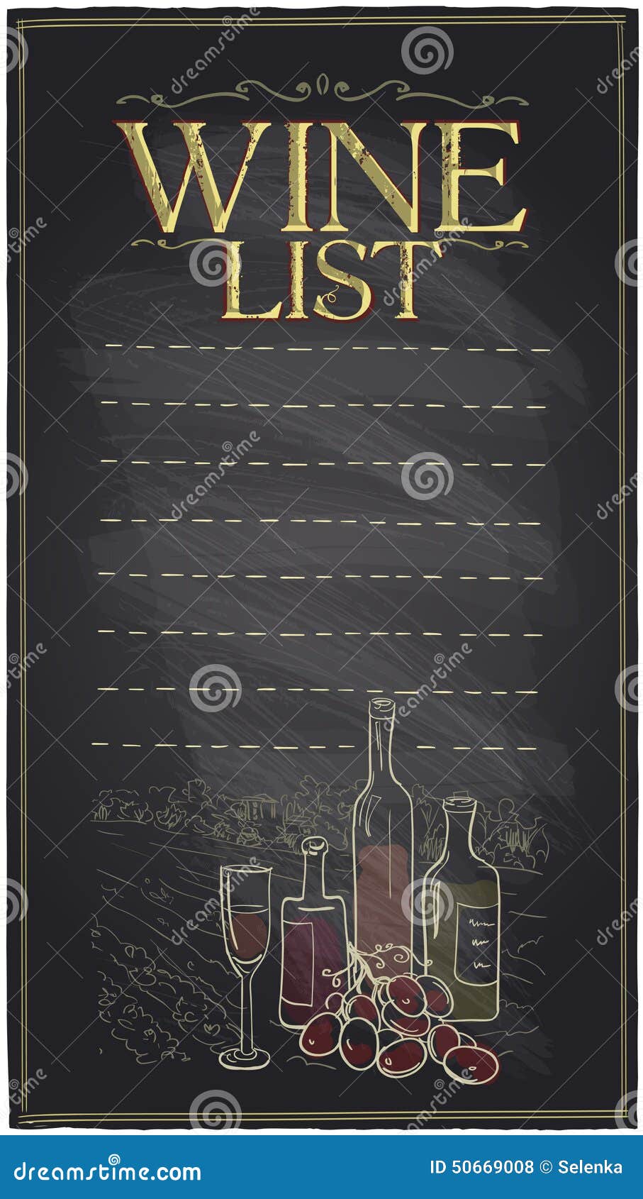 Chalkboard Wine List with Bottles of Wine. Stock Vector Illustration