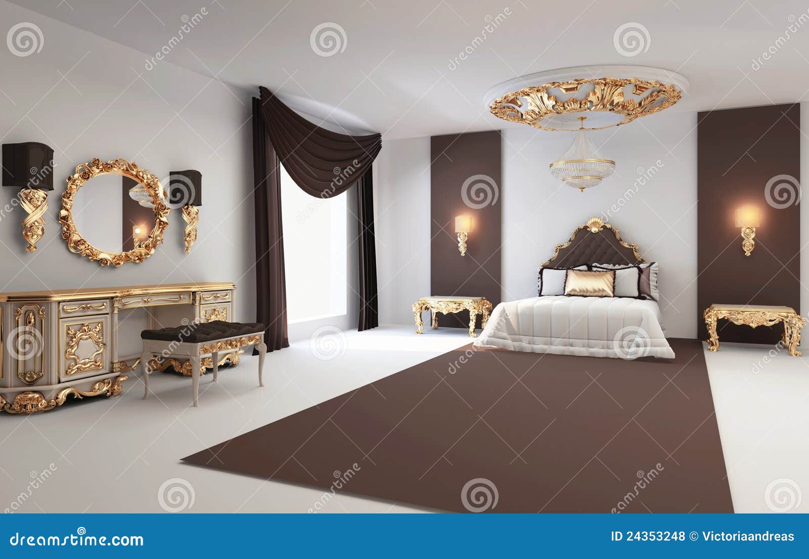 Chambre à coucher de luxe avec les meubles d'or photographie stock ...