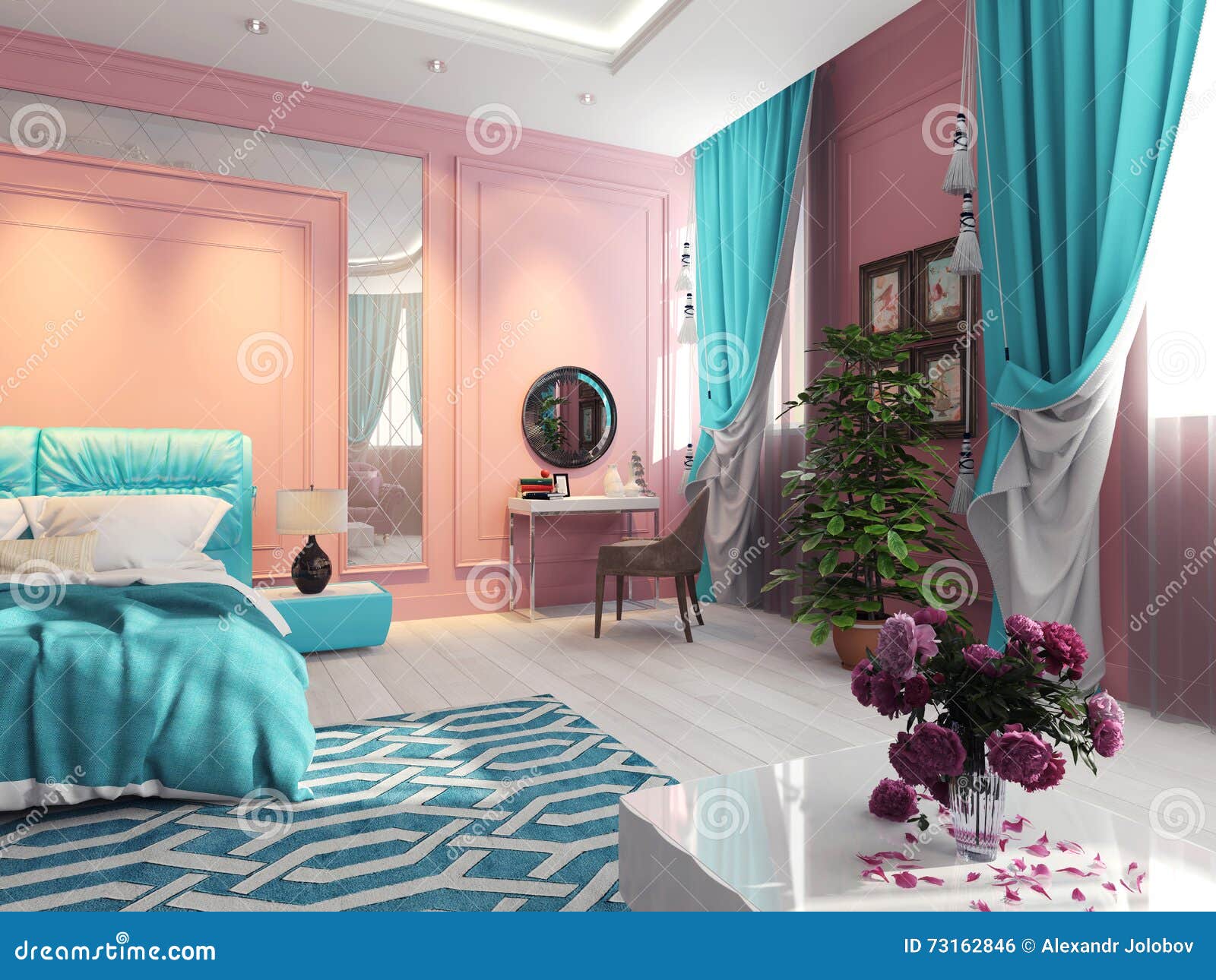 Chambre à coucher de turquoise avec la coiffeuse et la garde robe ...