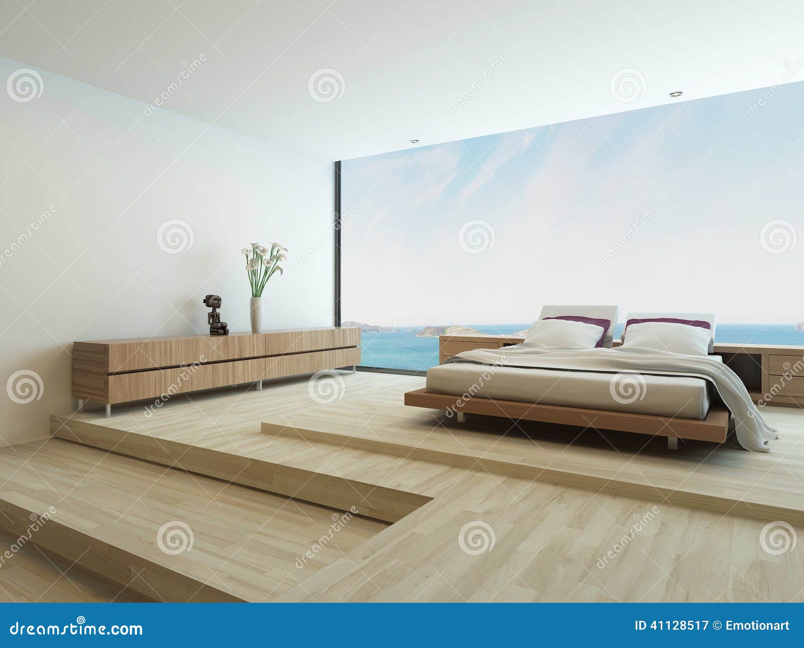 Chambre à coucher moderne avec le plancher aux fenêtres de plafond ...