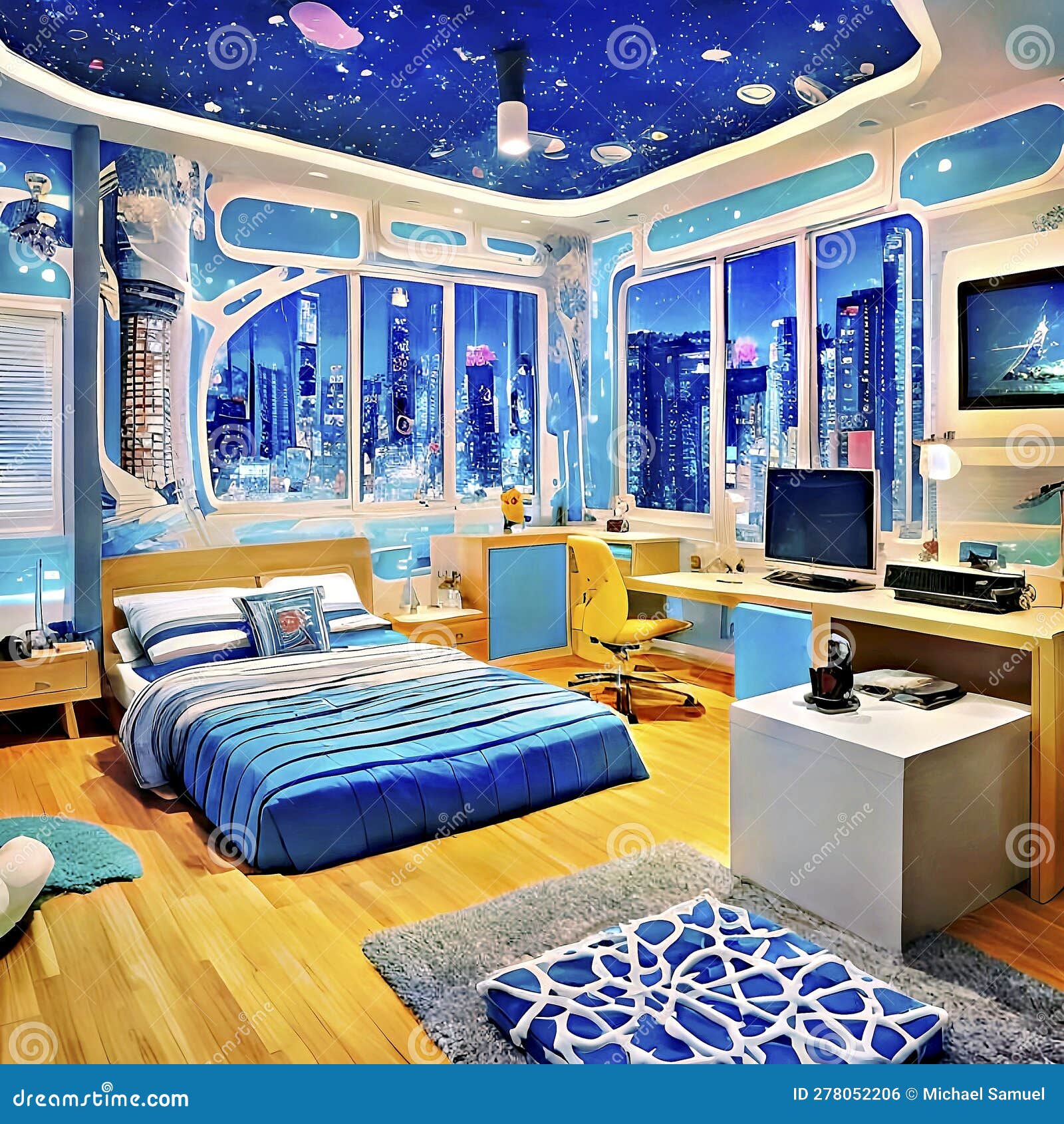 chambre moderne futuriste bleue