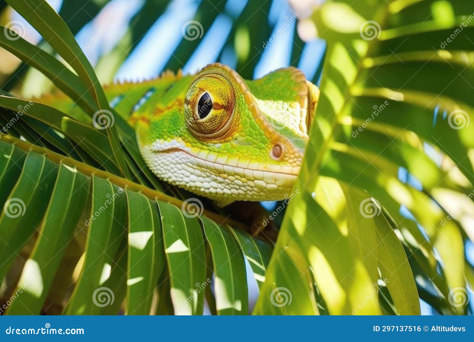 Chameleon Blending into the Leaves of a Palm Tree Stock Photo - Image of adaptation, nature ...