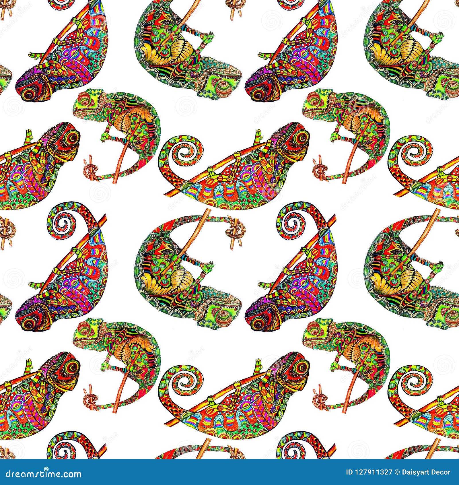 Colored Zentangle Chameleon Seamless Pattern. Doodle Exotic Wild Animal
