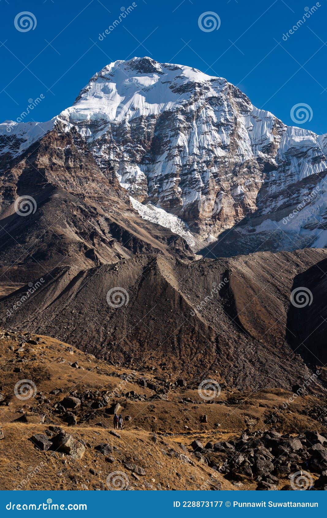 chamlang mountain peak view from kongma dingma campsite, himalaya mountains range in nepal