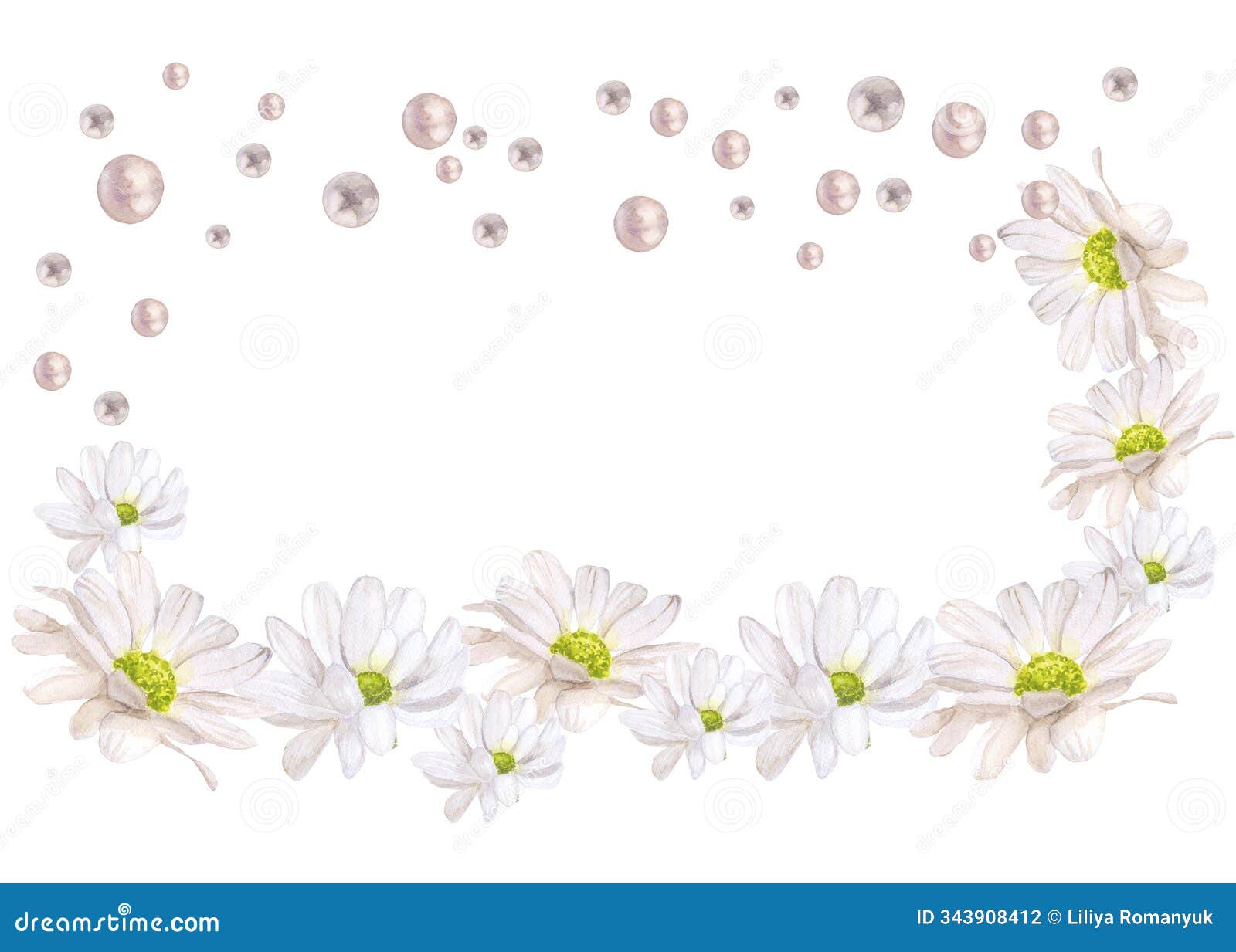 chamomile leaves and buds pearl rectangular frame watercolor   on white background base for card 