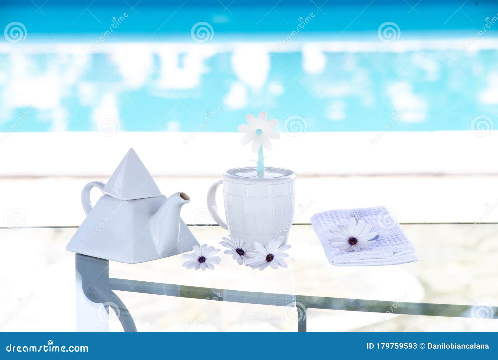 chamomile in the pool at breackfast morning