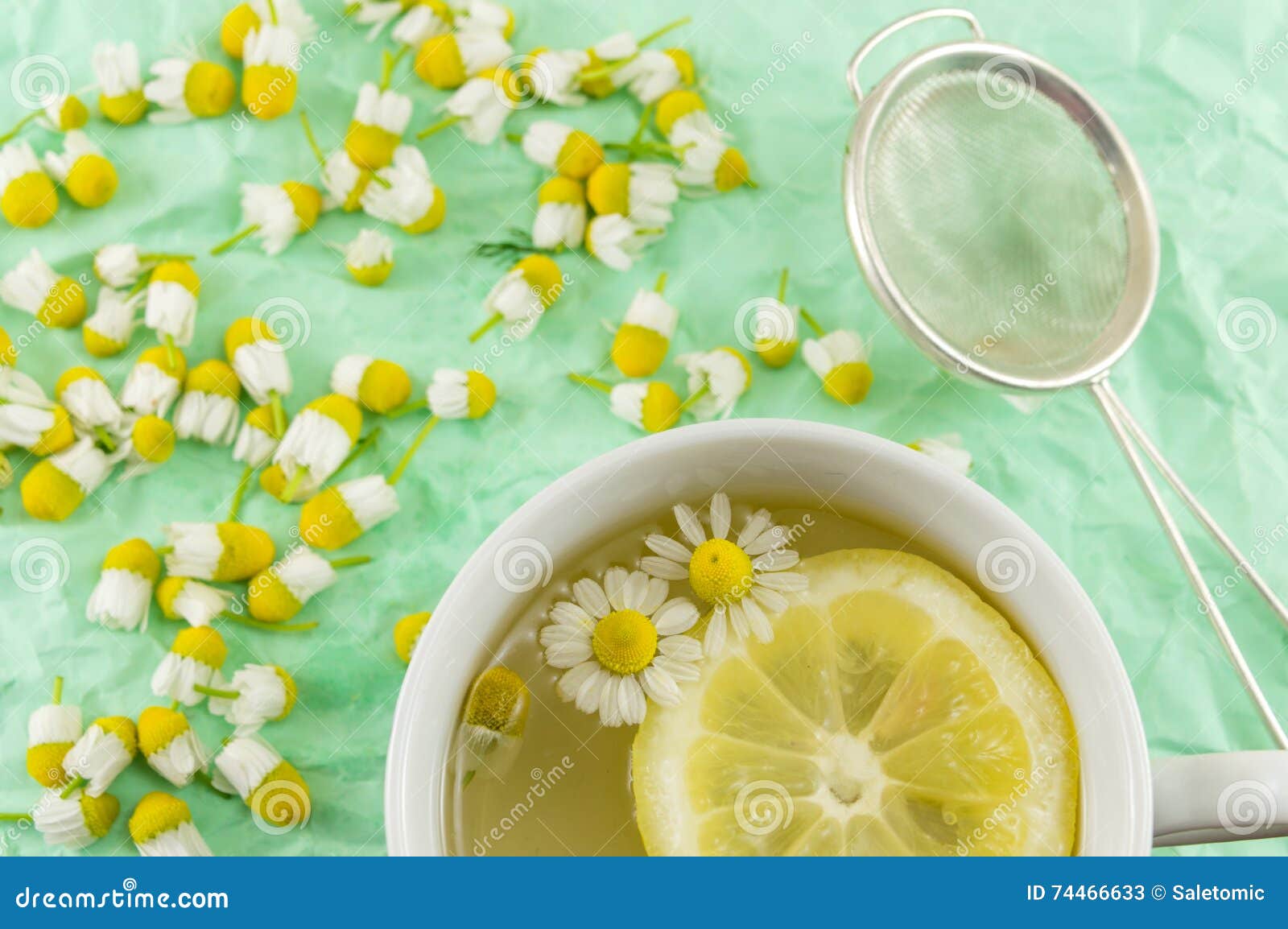 Chamomile Tea with Lemon Slice and Flowers Stock Image Image of