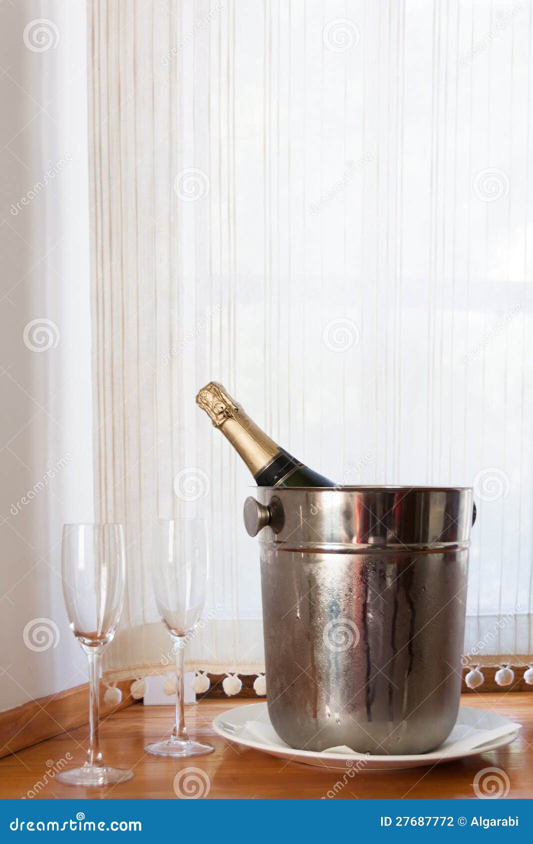 Champagne Bottle in Bucket and Two Glasses Stock Photo Image of