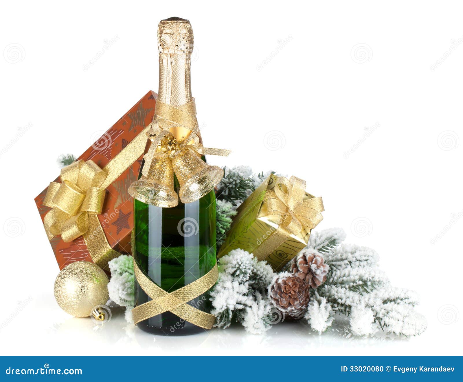 Champagne Bottle, Christmas Gift Box, Decor And Fir Tree 