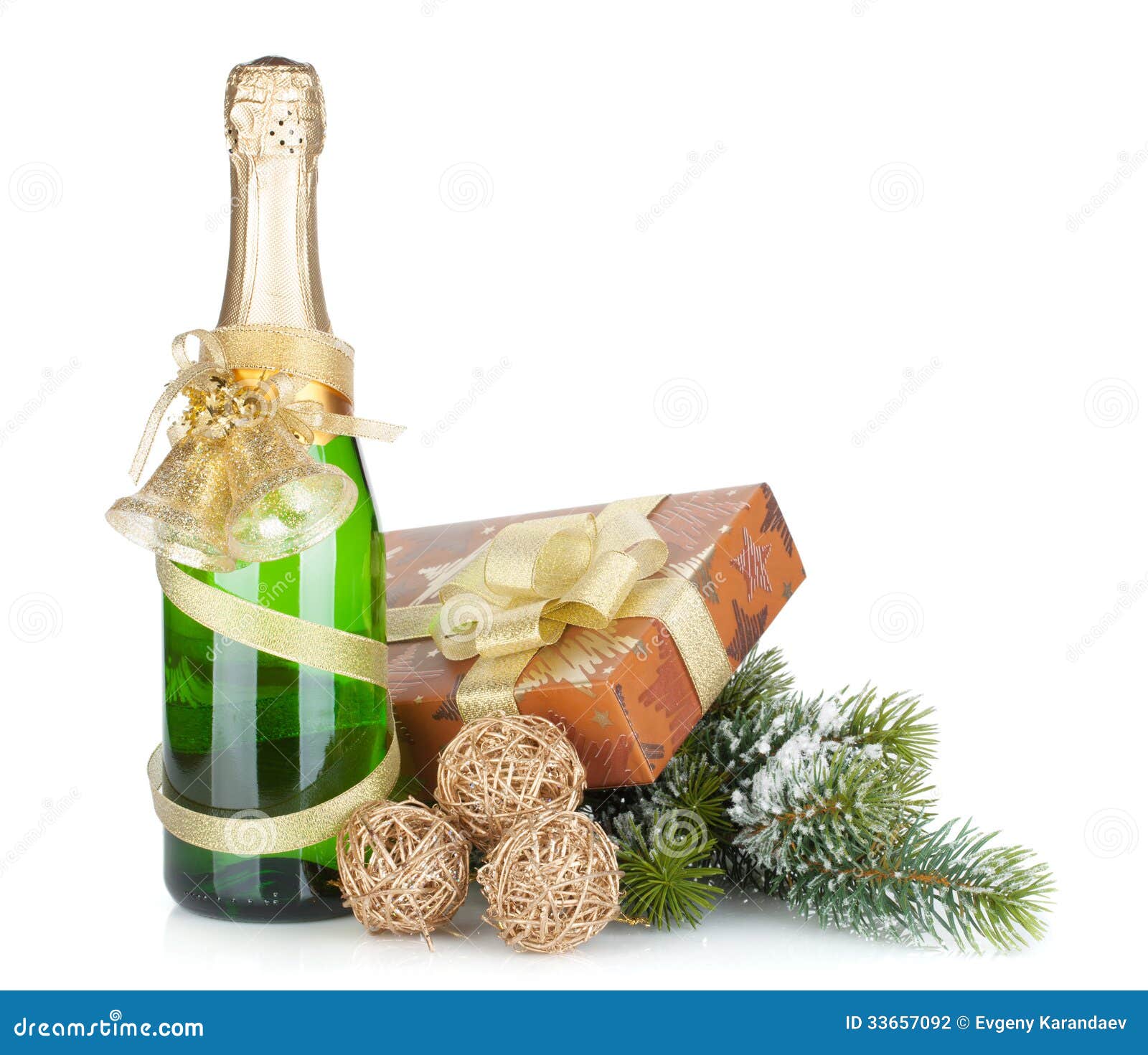 Champagne Bottle, Christmas Gift and Snowy Firtree Stock Photo - Image ...
