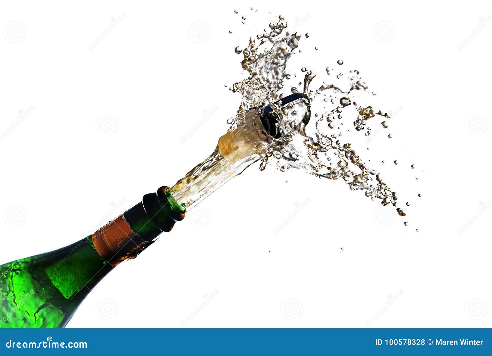 Champagne Bottle Explosion With Cork Popping Splash Isolated