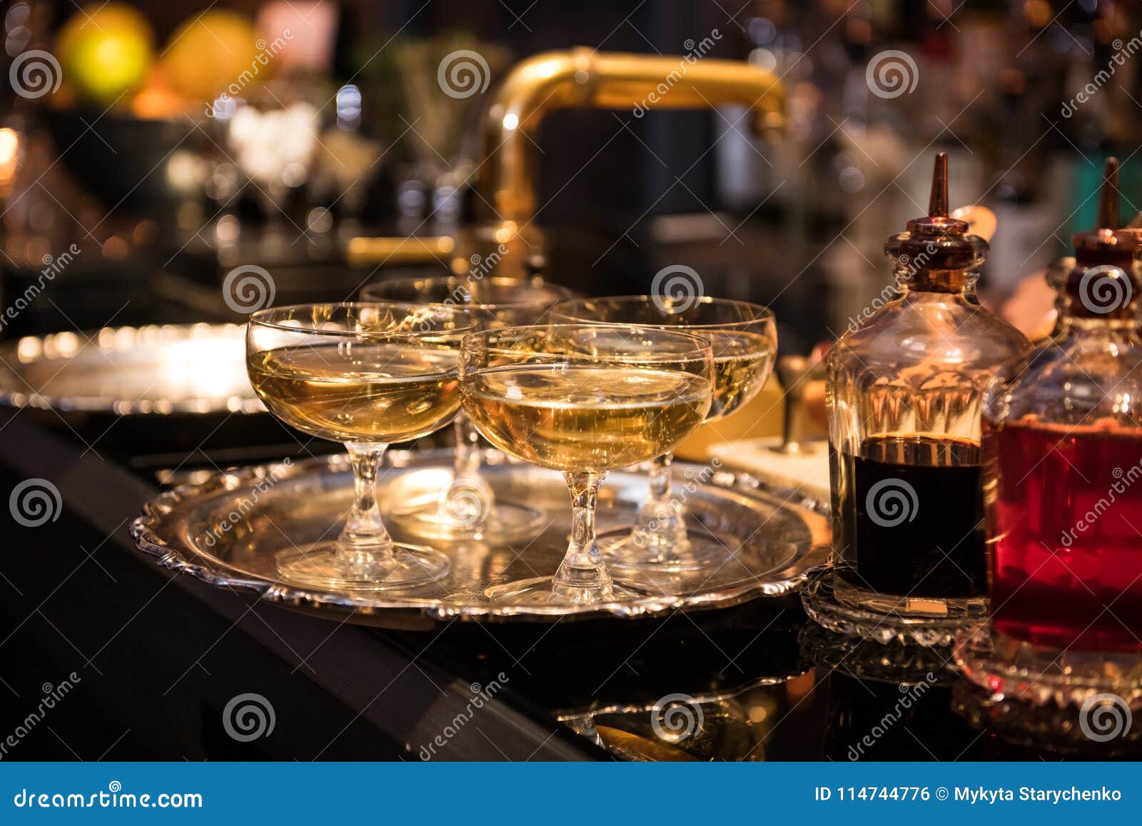 Champagne Drinks in Glasses on the Bar Counter. Stock Photo Image of