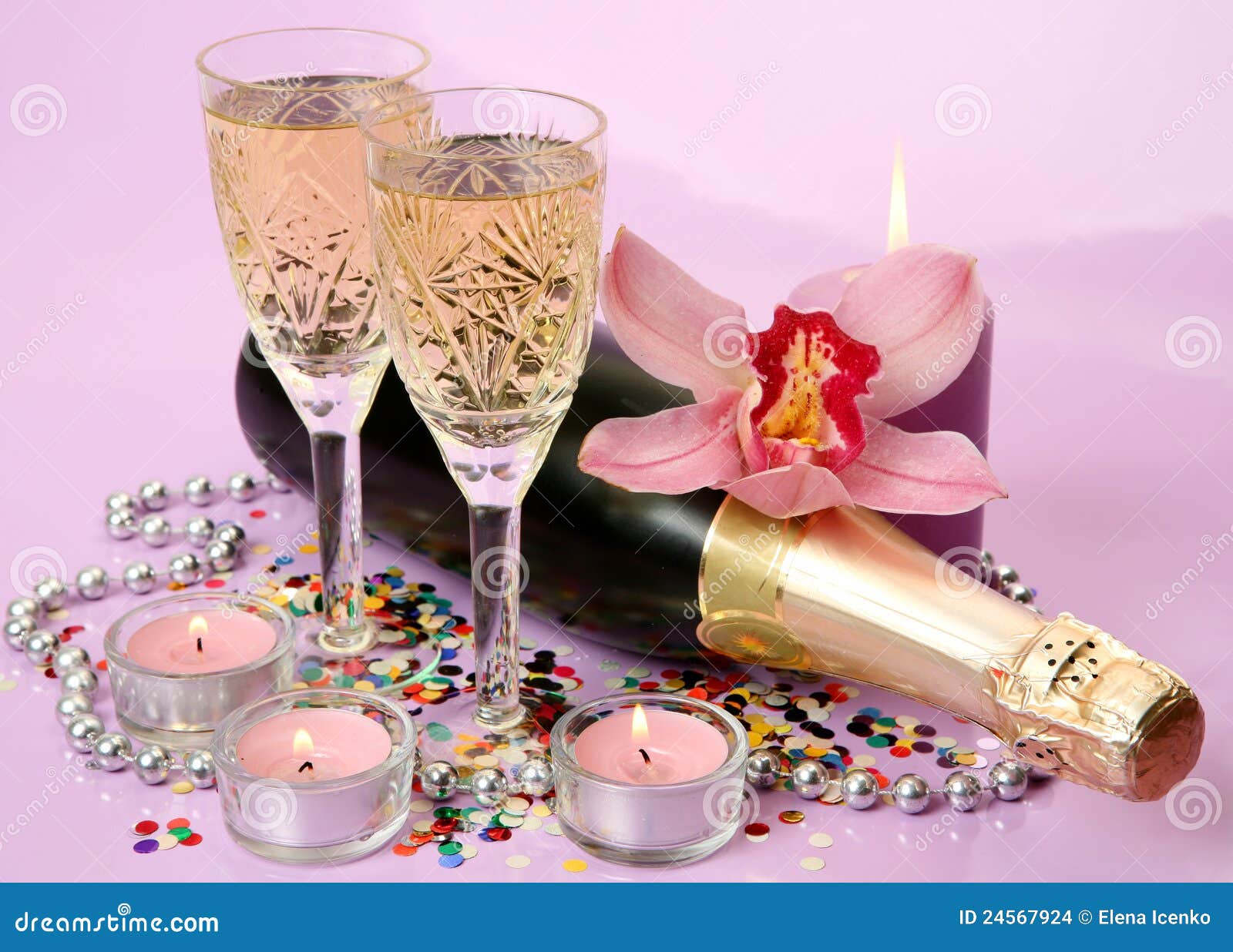Champagne and flowers stock photo. Image of confetti 24567924