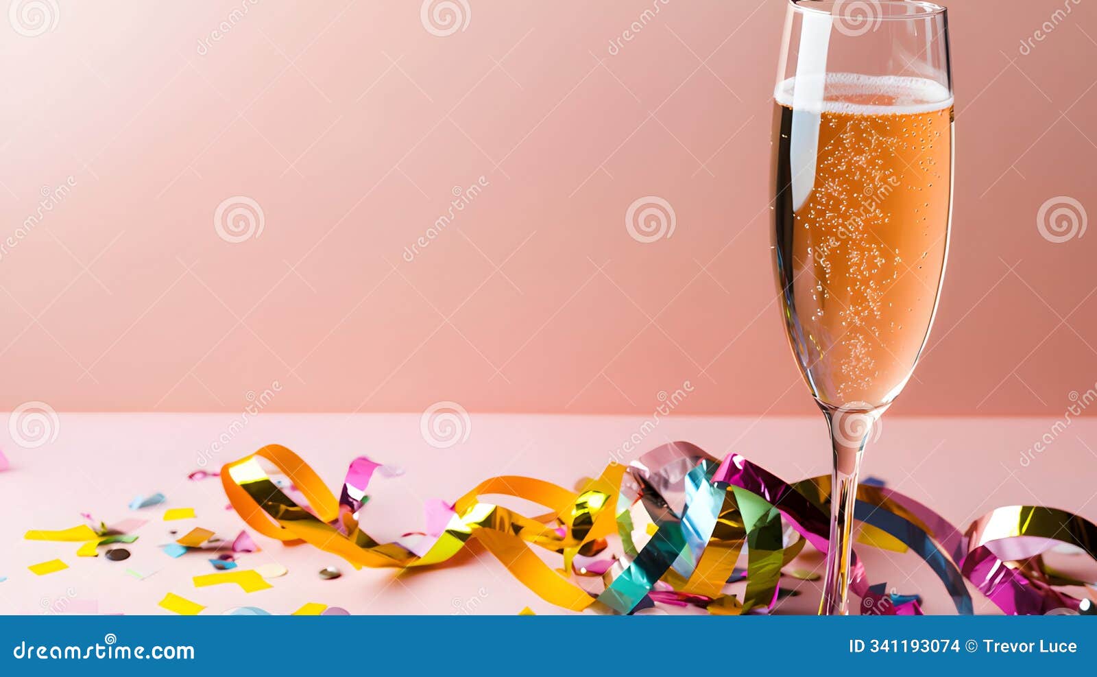 champagne flute with sparkling liquid and confetti