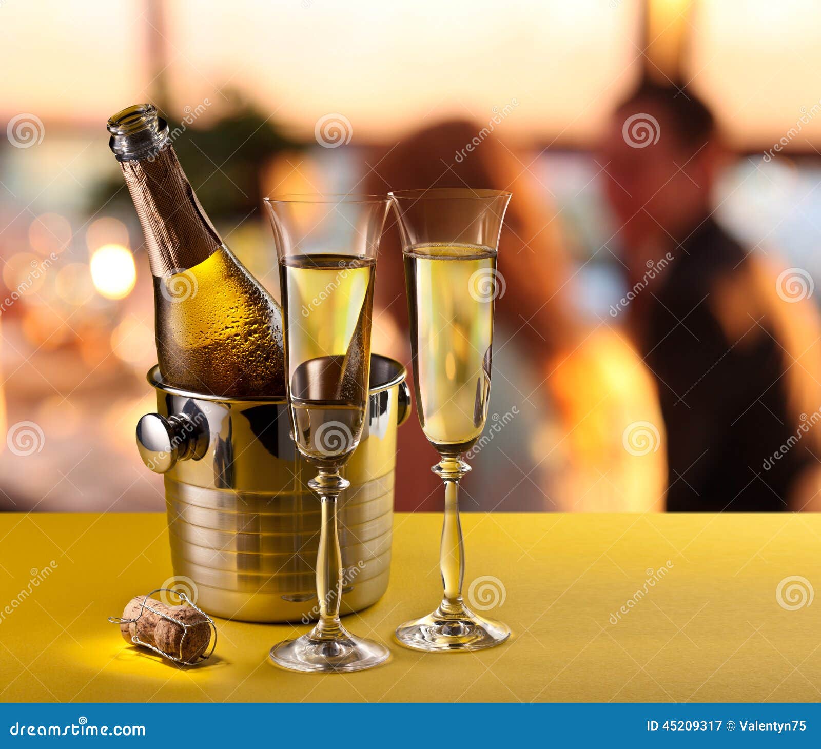 Champagne Flutes and Chilled Bottle. Stock Image Image of glass