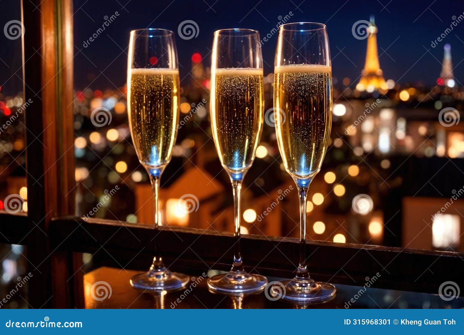 champagne glasses flutes on balcony overlooking city, festive special occasion
